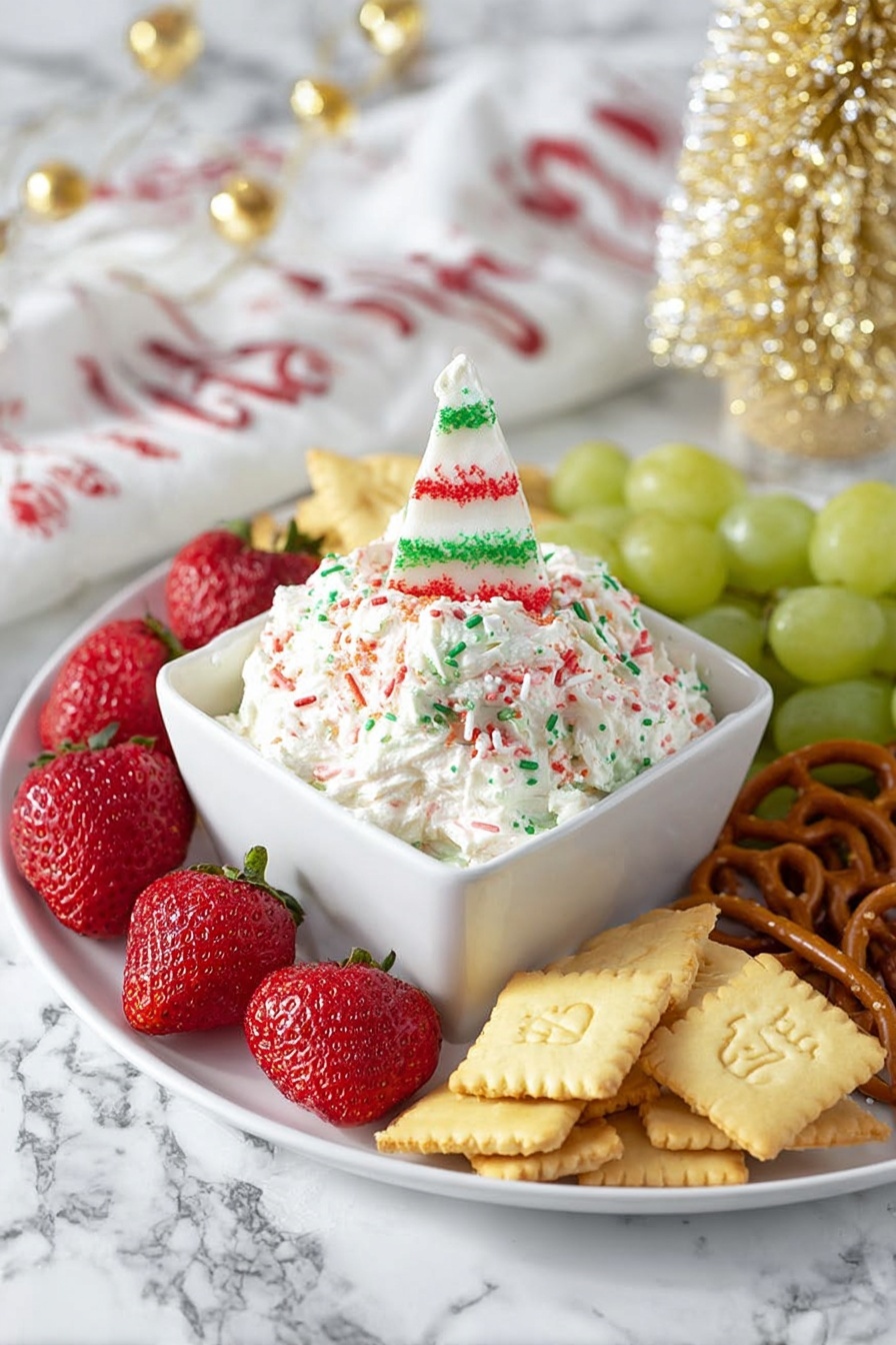 A white round plate holds a white square bowl filled with a thick white whipped dip sprinkled with red and green sugar. On top of the dip is a white candy shaped like a cone with red stripes and green sprinkles. Around the bowl are three groups of snacks: light-green grapes on the right, fresh red strawberries with green tops on the left, and light beige rectangular crackers with festive shapes and slightly toasted edges in the front. A few pretzels peek out behind the grapes. Everything is placed on a white marbled surface. photo taken with an iphone --ar 2:3 --v 7 - Christmas Tree Dessert Dip, festive holiday dessert, easy Christmas dessert, holiday party dip, Christmas treat ideas
