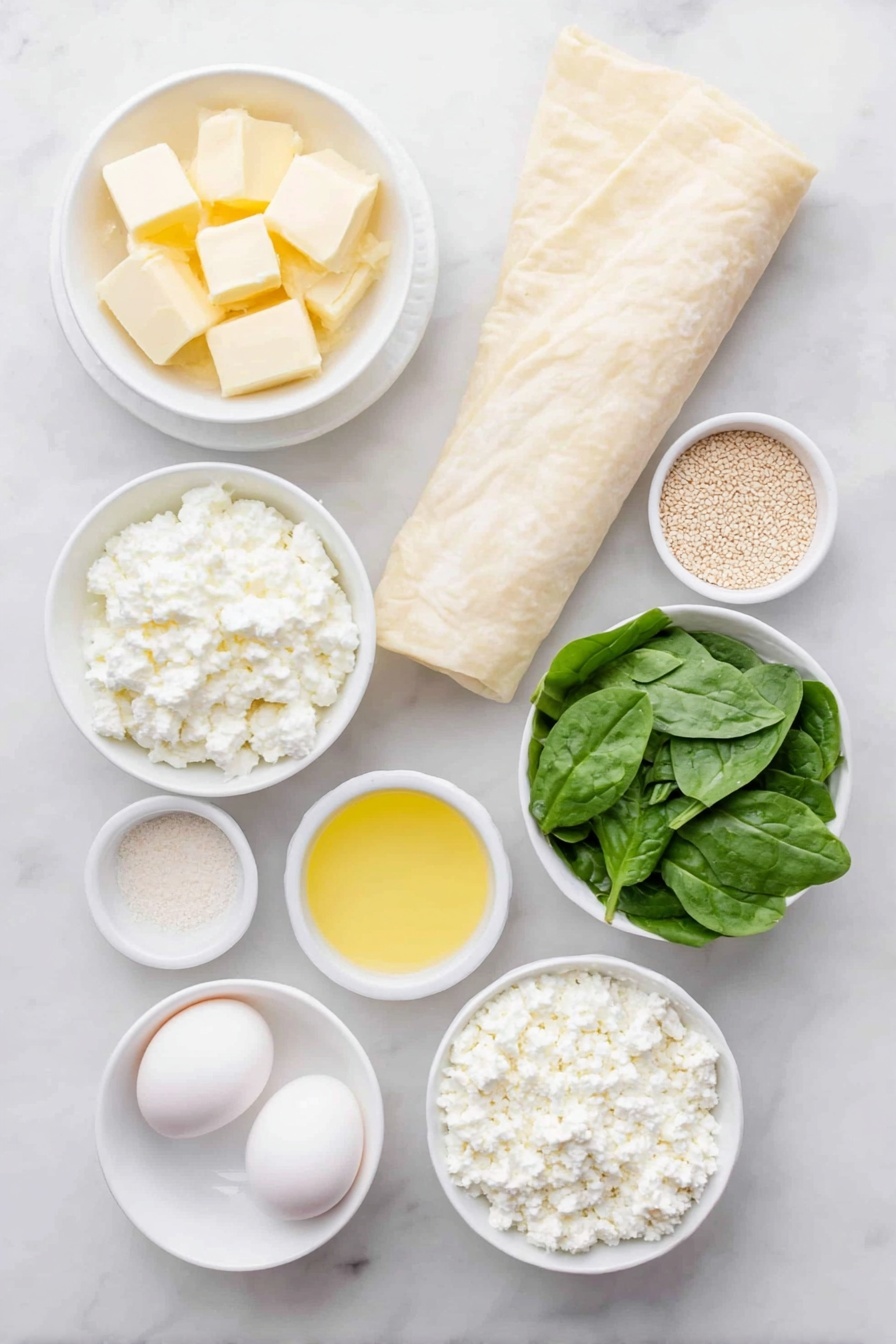 Flat lay of a small white ceramic bowl of salted butter chunks, a few large diced onions, a handful of fresh vibrant spinach leaves, a clean roll of phyllo dough with visible thin sheets, a small white bowl filled with crumbled feta cheese, another small white bowl with smooth ricotta cheese, one whole uncracked egg with a clean shell, a small white bowl holding freshly squeezed lemon juice, a few sprigs of freshly chopped dill, a small white bowl containing garlic powder, a small white bowl of salt, and a small white bowl with sesame seeds. All ingredients arranged with perfect symmetry on a clean white marble surface, soft natural light, photo taken with an iPhone, professional food photography style, fresh ingredients, white ceramic bowls, no bottles, no duplicates, no utensils, no packaging --ar 2:3 --v 7 --p m7354615311229779997 - Easy Spinach and Feta Phyllo Triangles, spinach feta phyllo appetizers, Greek spinach feta snacks, flaky spinach feta triangles, quick spinach feta pastry