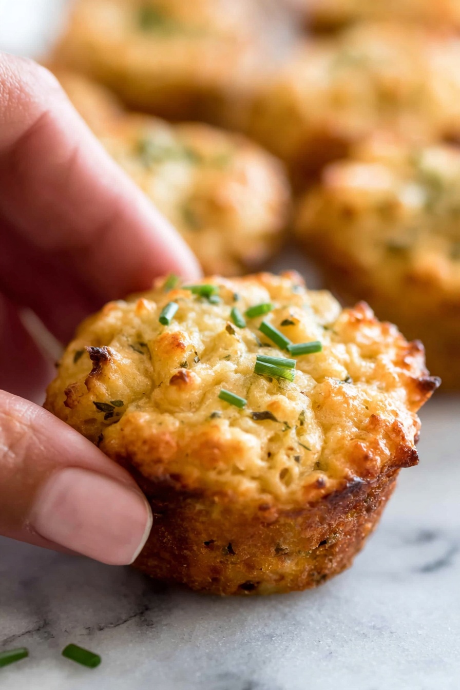 A close-up of a small, round, golden-brown muffin with a textured surface showing bits of herbs and cheese, topped with green chive pieces. The muffin is slightly crispy on the edges and has a soft, moist interior visible from its uneven top. A woman's hand is gently holding the muffin from the side. Several similar muffins are blurred in the background on a white marbled surface. photo taken with an iphone --ar 2:3 --v 7 - Easy Crab Cake Bites, Crab Cake Bites appetizer, Seafood Bites recipe, Easy seafood appetizers, Bite-sized crab cakes