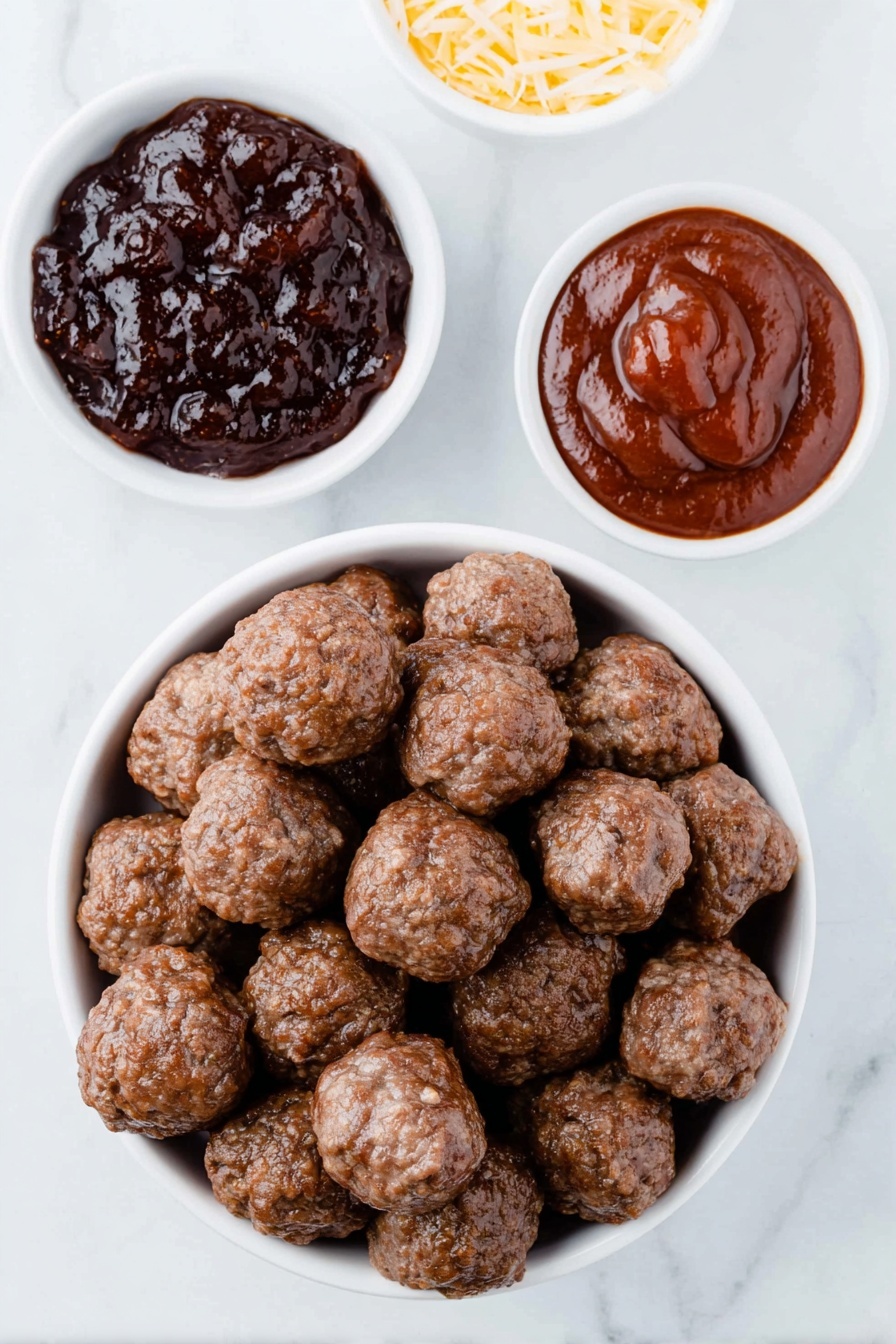 Flat lay of a small white ceramic bowl filled with deep purple grape jelly, a small white ceramic bowl containing thick reddish-brown BBQ sauce, a neat pile of frozen fully cooked meatballs with a natural browned exterior arranged directly on the surface, all ingredients placed in perfect symmetry on a clean white marble surface, soft natural light, photo taken with an iPhone, professional food photography style, fresh ingredients, white ceramic bowls, no bottles, no duplicates, no utensils, no packaging --ar 2:3 --v 7 --p m7354615311229779997 - Easy Crockpot BBQ Meatballs, crockpot BBQ meatballs, slow cooker meatball recipe, party appetizer ideas, quick dinner recipes