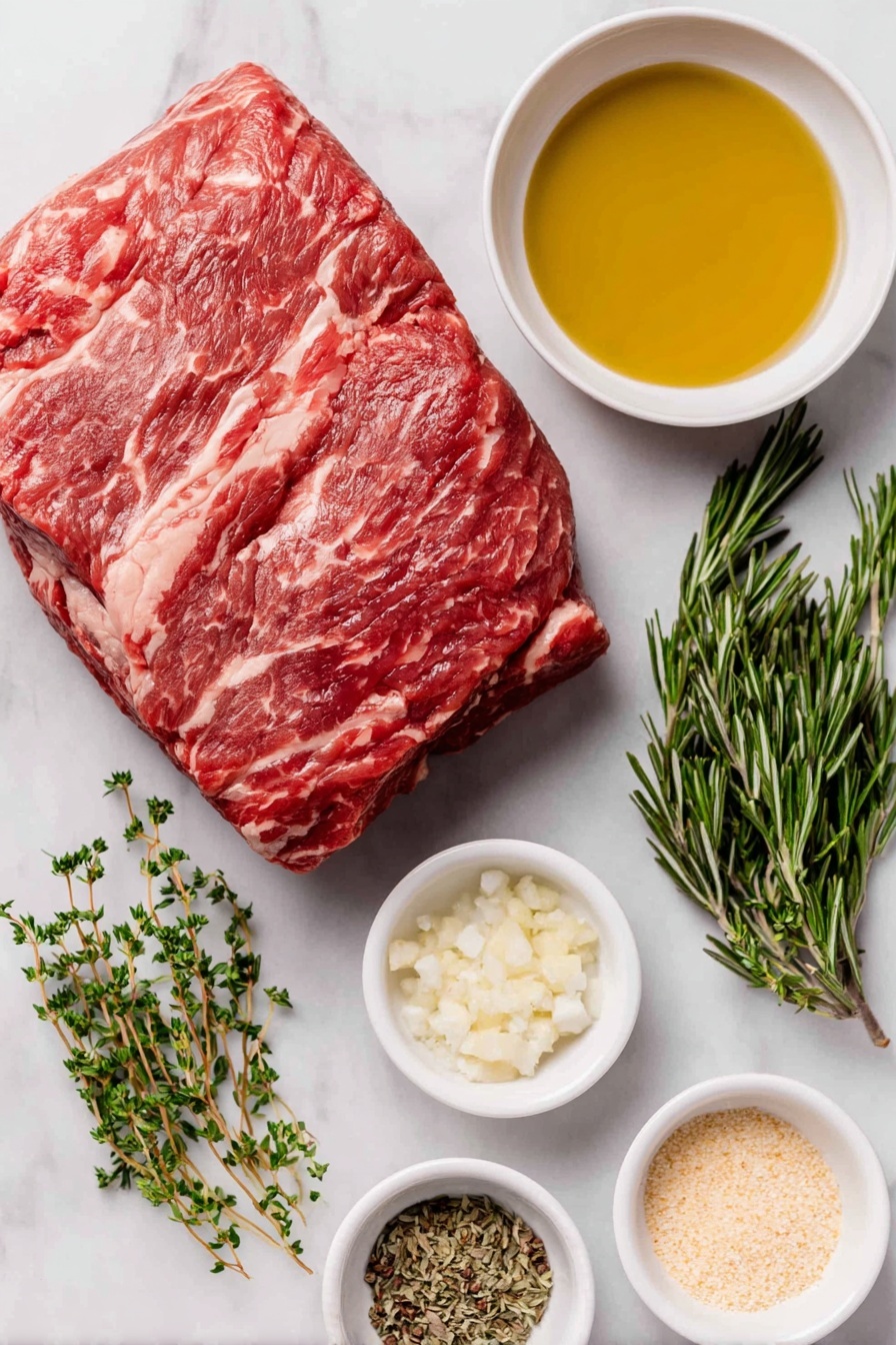 Flat lay of a raw 3 to 4 pound top round beef roast with a rich red color and marbled fat, a small white ceramic bowl filled with golden extra virgin olive oil, a small cluster of fresh thyme sprigs with green leaves, a few fresh rosemary sprigs with needle-like foliage, a small white bowl containing minced fresh garlic cloves, a small white bowl holding coarse kosher salt crystals, a small white bowl filled with cracked black peppercorns, a small white bowl with dried oregano leaves, a small white bowl with pale yellow dry mustard powder, all arranged symmetrically and balanced on a clean white marble surface, soft natural light, photo taken with an iPhone, professional food photography style, fresh ingredients, white ceramic bowls, no bottles, no duplicates, no utensils, no packaging --ar 2:3 --v 7 --p m7354615311229779997 - Perfect Roasted Beef Top Round, roasted beef top round, easy beef roast, beef top round recipe, tender beef roast