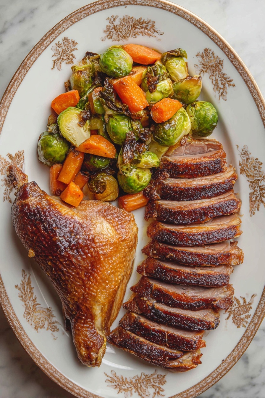 A white oval plate with gold floral patterns holds a roasted meal arranged in three sections: on the left side, there is a mix of bright green Brussels sprouts with charred, dark brown edges and orange carrot chunks that are slightly browned on a side; on the right side, there are six slices of dark brown roasted meat with a crispy, textured skin, laid out in a neat row; on the bottom left, there is a large roasted drumstick and thigh piece with a golden brown, crispy skin. The plate is placed on a white marbled surface. photo taken with an iphone --ar 2:3 --v 7 - Roast Christmas Goose with Gravy, Christmas Goose Recipe, Holiday Roast Goose, Festive Roast Goose with Gravy, Elegant Christmas Meat