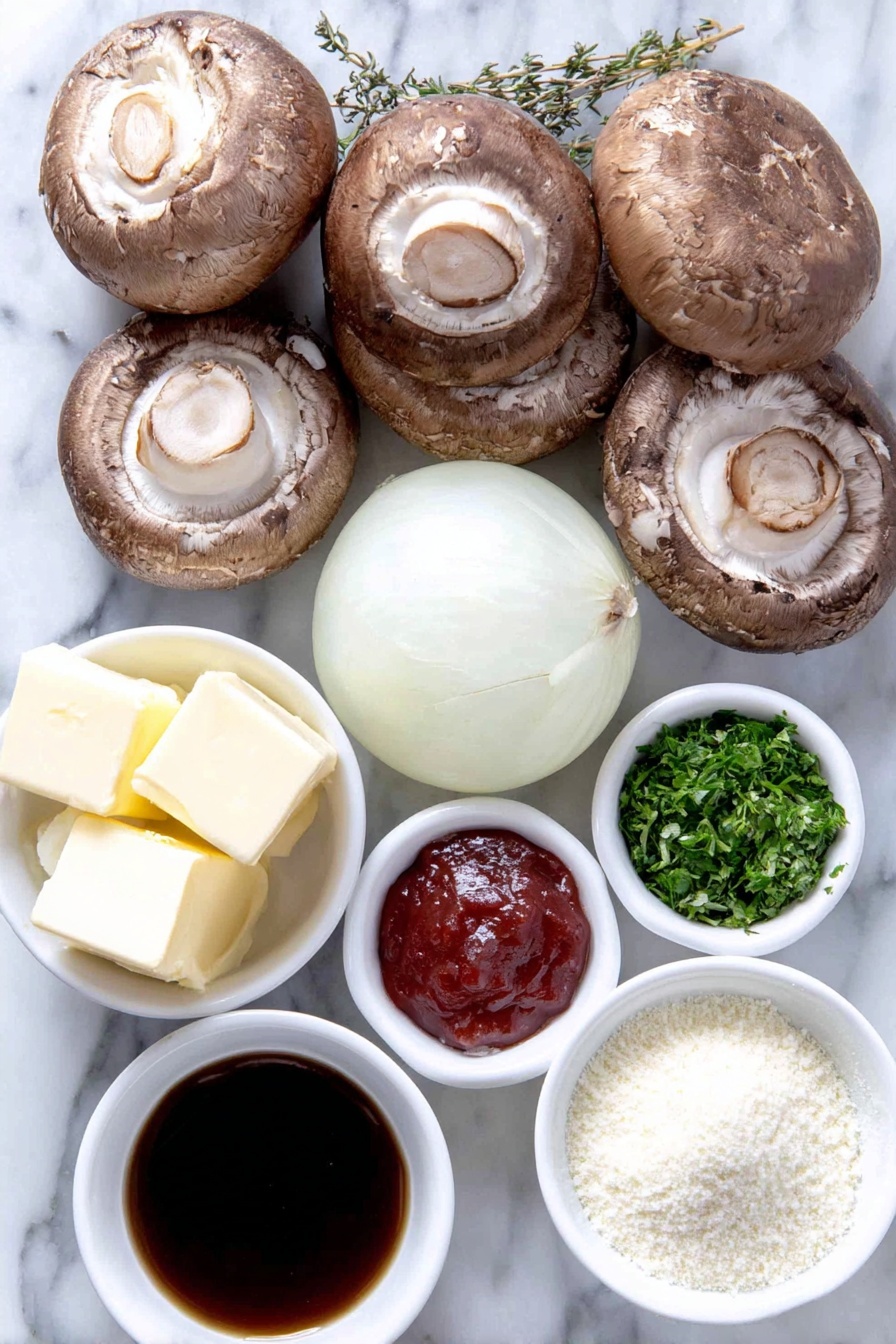 Flat lay of fresh sliced brown mushrooms, a large peeled onion thinly sliced, a small white bowl of creamy double cream, a small white bowl of rich beef stock, two cubes of butter with smooth surfaces, a small white bowl of bright red tomato puree, a small white bowl of dark balsamic vinegar, a small white bowl of finely chopped fresh parsley, a small white bowl holding pale yellow cornflour powder next to a small white bowl of clear water, a small white bowl of dried thyme, coarse sea salt crystals and freshly ground black peppercorns scattered neatly, all arranged with perfect symmetry on a clean white marble surface, soft natural light, photo taken with an iPhone, professional food photography style, fresh ingredients, white ceramic bowls, no bottles, no duplicates, no utensils, no packaging --ar 2:3 --v 7 --p m7354615311229779997 - Creamy Mushroom Hunters Sauce for Steak, steak mushroom sauce, easy steak sauce, homemade mushroom gravy, gourmet steak topping