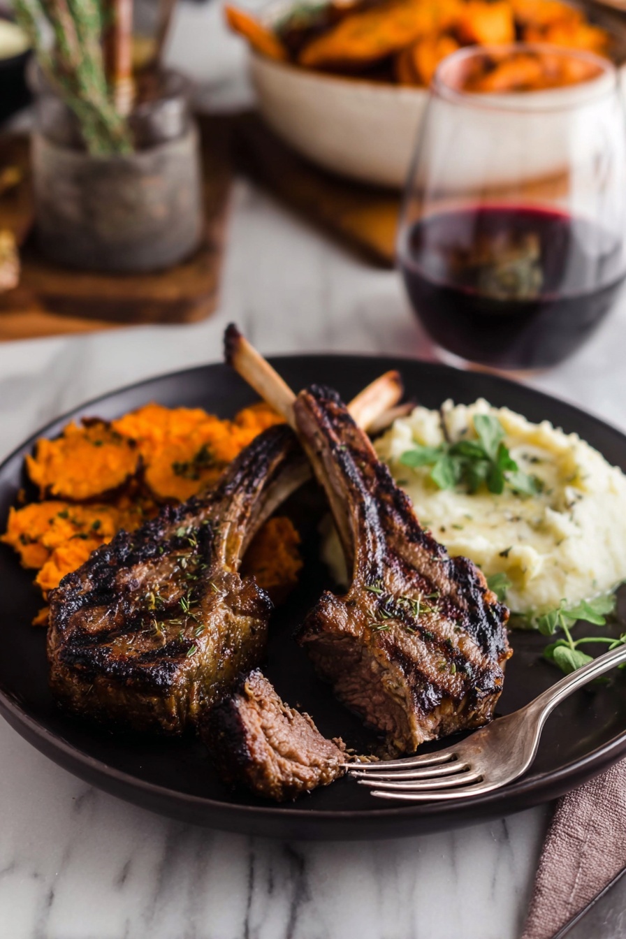 The image shows a dark round plate with three grilled lamb chops at the front, two standing with char marks and a small piece broken off on a silver fork in front. Behind the chops, there is a pile of orange roasted sweet potato slices on the left and a creamy white mash on the right. A small green garnish is on the mash with a sprig of fresh green herbs beside it on the right. In the blurred background, there is a clear glass of dark red drink and a white bowl filled with more sweet potatoes and lamb. The scene is set on a white marbled surface. photo taken with an iphone --ar 2:3 --v 7 - Broiled Lamb Chops, Lamb Chops Recipe, Quick Lamb Dinner, Juicy Lamb Chops, Easy Broiled Lamb