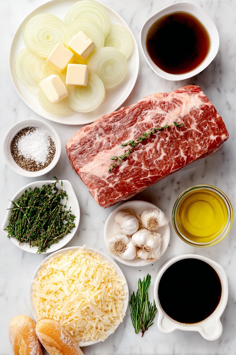 Flat lay of a whole boneless chuck roast with trimmed fat, a few pinches of kosher salt and cracks of black pepper sprinkled beside it, a small drizzle of golden olive oil in a white ceramic bowl, a few tablespoons of unsalted butter cubes on a white plate, four large yellow onions thinly sliced fanned out on a white dish, six whole fresh garlic cloves unpeeled, a small white bowl filled with pale dry white wine, a small white bowl holding fine all-purpose flour, a white ceramic bowl filled with rich dark beef broth, a small white bowl with glossy Worcestershire sauce, three fresh green bay leaves, two sprigs of fresh rosemary, four sprigs of fresh thyme, a mound of freshly shredded pale yellow gruyere cheese on a white plate, and a few sliced pieces of crusty fresh baguette arranged neatly—all ingredients fresh and natural, no packaging or labels, placed on a clean white marble surface, soft natural light, photo taken with an iPhone, professional food photography style, fresh ingredients, white ceramic bowls, no bottles, no duplicates, no utensils, no packaging --ar 2:3 --v 7 --p m7354615311229779997 - French Onion Beef Pot Roast, slow cooker beef roast, caramelized onion pot roast, tender beef roast with onions, French onion inspired beef dish