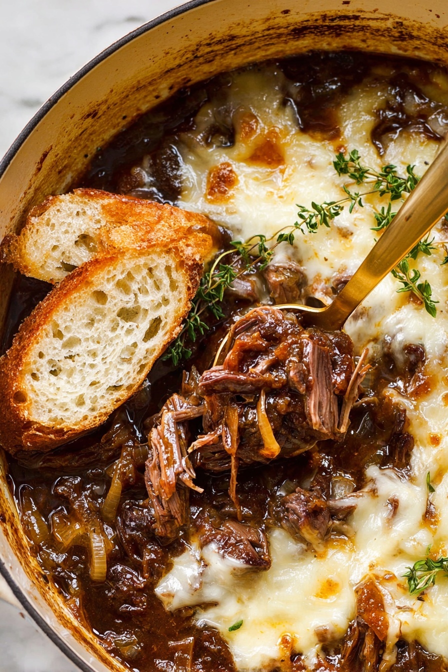 The image shows a pot filled with rich beef stew topped with melted white cheese that is unevenly spread, creating a creamy texture on the surface. The stew has visible dark brown shredded beef pieces mixed with soft caramelized onions in a thick brown sauce. Two pieces of light beige toasted bread rest on the side inside the pot. A gold spoon is inserted into the stew, lifting some shredded beef and sauce, surrounded by sprigs of fresh green thyme. The inner sides of the pot have a browned, slightly greasy texture from the stew. The pot sits on a white marbled surface. Photo taken with an iphone --ar 2:3 --v 7 - French Onion Beef Pot Roast, slow cooker beef roast, caramelized onion pot roast, tender beef roast with onions, French onion inspired beef dish