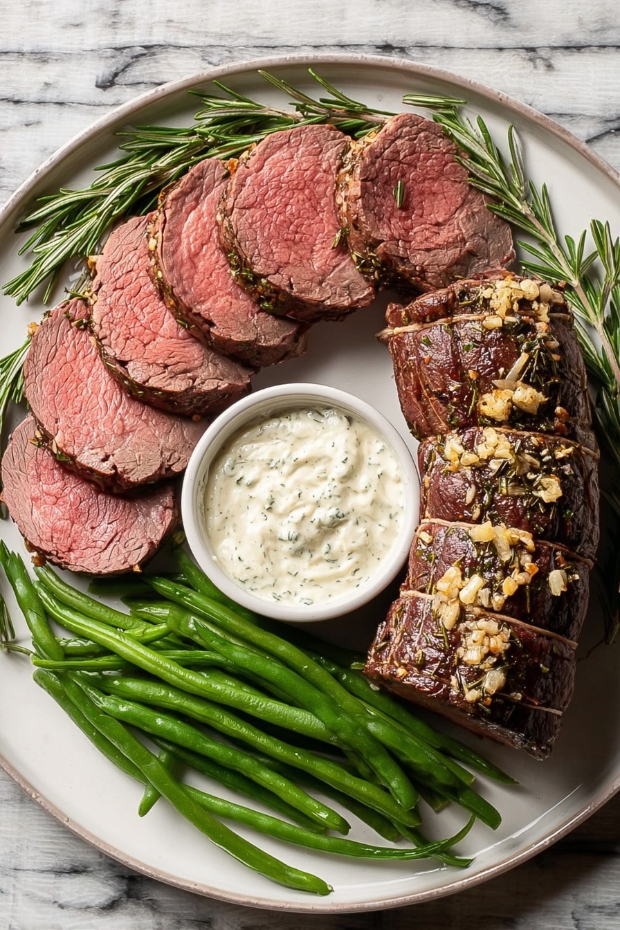 A white plate on a white marbled surface holds a dish with four visual layers: on the right, a tied roast with a dark brown crust sprinkled with garlic and herbs; next to it, a small white bowl filled with creamy white sauce with green flecks in the center; on the left side, evenly sliced pieces of pink-centered roast neatly arranged in a fan shape showing the meat texture; and below, a bunch of bright green cooked green beans placed diagonally with a slight shine. Fresh rosemary sprigs decorate the edges of the plate. photo taken with an iphone --ar 2:3 --v 7 - Million Dollar Beef Tenderloin Roast, Beef Tenderloin Roast recipe, gourmet beef roast, tender beef main dish, impressive beef entrees