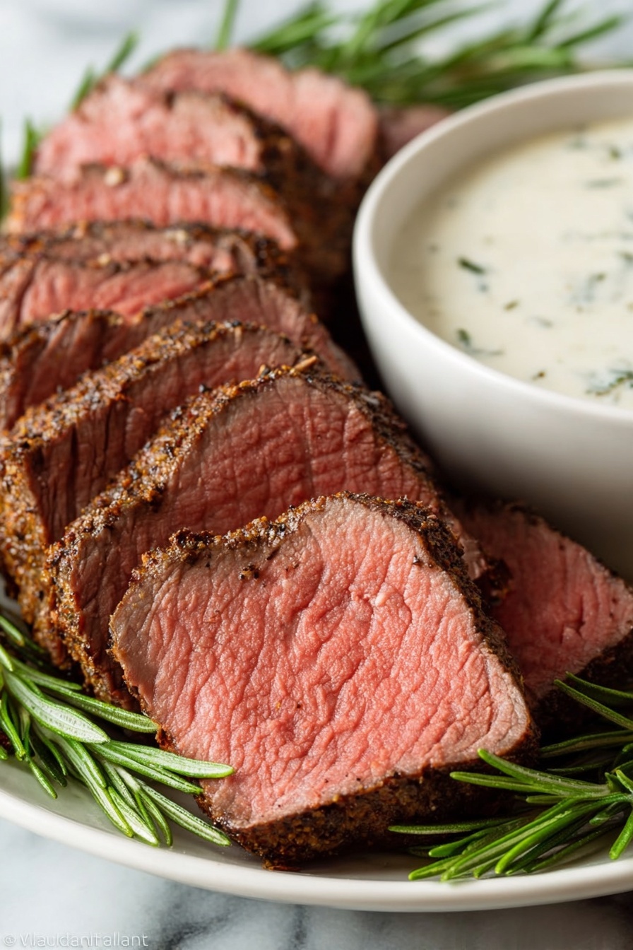 A close-up view of several thick slices of medium-rare steak arranged in layers on a white plate, each slice showing a brown, seasoned crust on the outside and a pink, tender center with some visible grain texture; there are sprigs of fresh rosemary placed around the meat, adding green color and texture. Behind the steak, there is a white bowl filled with a creamy, pale sauce that has a few small green herb bits visible in it. The entire scene is set on a white marbled surface, adding subtle texture in the background. photo taken with an iphone --ar 2:3 --v 7 - Million Dollar Beef Tenderloin Roast, Beef Tenderloin Roast recipe, gourmet beef roast, tender beef main dish, impressive beef entrees