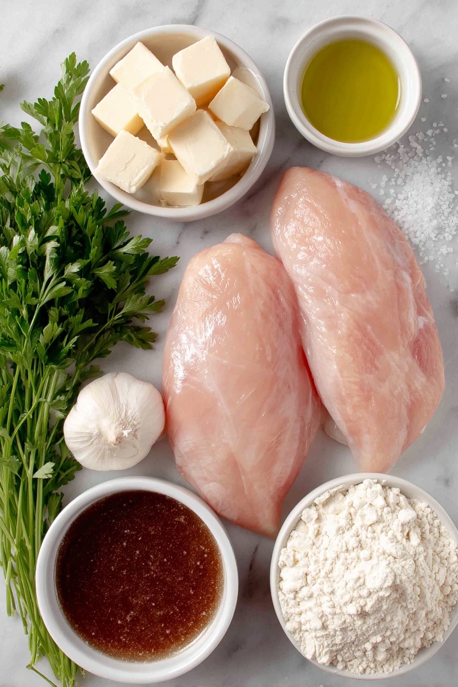 Flat lay of two whole turkey tenderloins with smooth pale pink skin, a small mound of fine sea salt sprinkled beside them, a small white ceramic bowl of golden avocado oil, a small white bowl with soft yellow butter cubes, a small white bowl with fluffy white flour, two fresh whole garlic cloves alongside finely grated garlic, a bunch of vibrant green parsley sprigs, and a simple white bowl filled with rich brown beef broth, all placed in perfect symmetry on a clean white marble surface, soft natural light, photo taken with an iPhone, professional food photography style, fresh ingredients, white ceramic bowls, no bottles, no duplicates, no utensils, no packaging --ar 2:3 --v 7 --p m7354615311229779997 - Easy Garlic Turkey Tenderloin with Gravy, garlic turkey tenderloin, tender turkey recipes, quick turkey dinners, flavorful turkey main dish