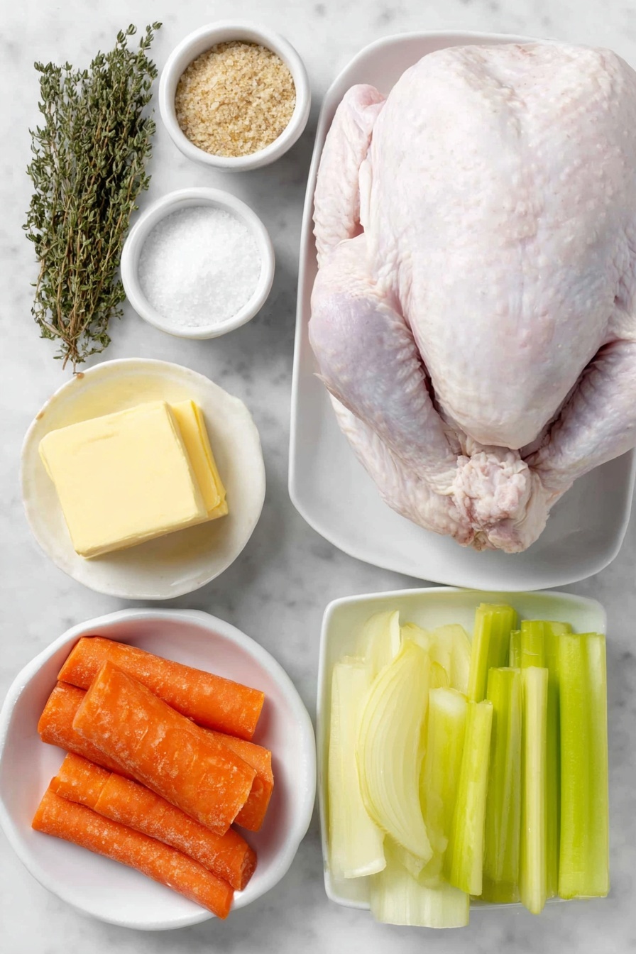 Flat lay of a whole raw turkey with pale pink skin, a small white ceramic bowl of packed light brown sugar crystals, a small white ceramic bowl of coarse kosher salt, a small white ceramic bowl with dried thyme leaves, a small white ceramic bowl with dried sage leaves, a small white ceramic bowl of freshly ground black pepper, a soft mound of unsalted butter at room temperature on a simple white ceramic plate, a whole large yellow onion cut into wedges arranged neatly on a white ceramic plate, two fresh whole carrots cut into 2-inch pieces displayed on a white ceramic dish, two fresh celery stalks cut into 2-inch pieces placed on a white ceramic dish — all ingredients fresh and natural, perfectly arranged in balanced symmetry, placed on a clean white marble surface, soft natural light, photo taken with an iPhone, professional food photography style, fresh ingredients, white ceramic bowls, no bottles, no duplicates, no utensils, no packaging --ar 2:3 --v 7 --p m7354615311229779997 - Juicy Dry Brine Turkey Roast, dry brine turkey, moist turkey roast, crispy skin turkey, holiday turkey recipe