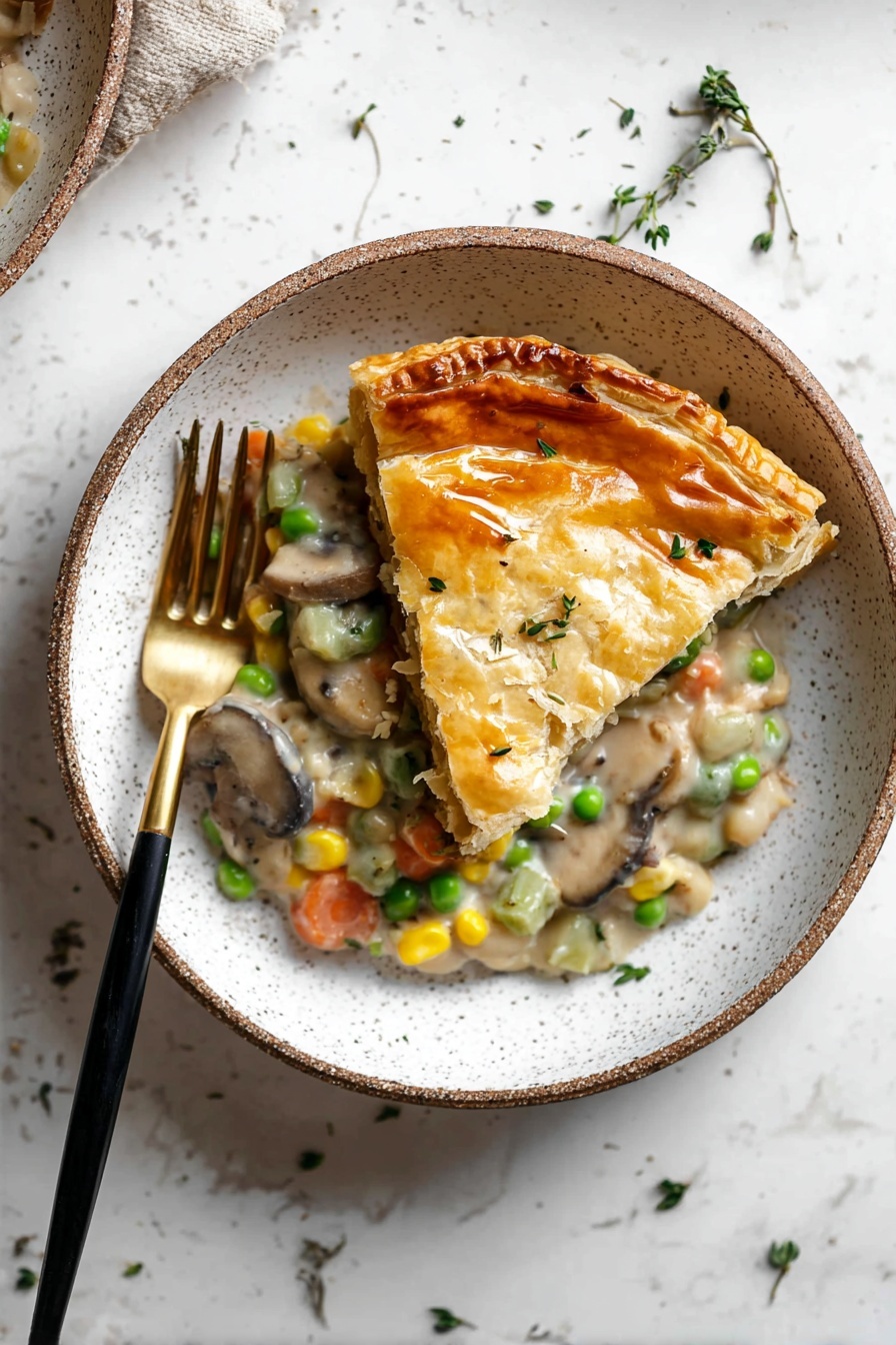 The dish shows one slice of golden brown pastry with a shiny and slightly cracked top crust, placed on top of a creamy mixture with visible layers of light green celery, orange carrot pieces, yellow corn, green peas, white beans, and brown mushrooms. The mix is thick and creamy with small bits of herbs sprinkled on top. The food is served in a white bowl with speckled details, alongside a black and gold fork resting inside the bowl on the left side. The background is a white marbled surface with scattered small green herbs. Photo taken with an iphone --ar 2:3 --v 7 - Creamy Vegetable Pot Pie, vegetable pot pie, comfort food recipes, healthy veggie pot pie, easy dinner ideas
