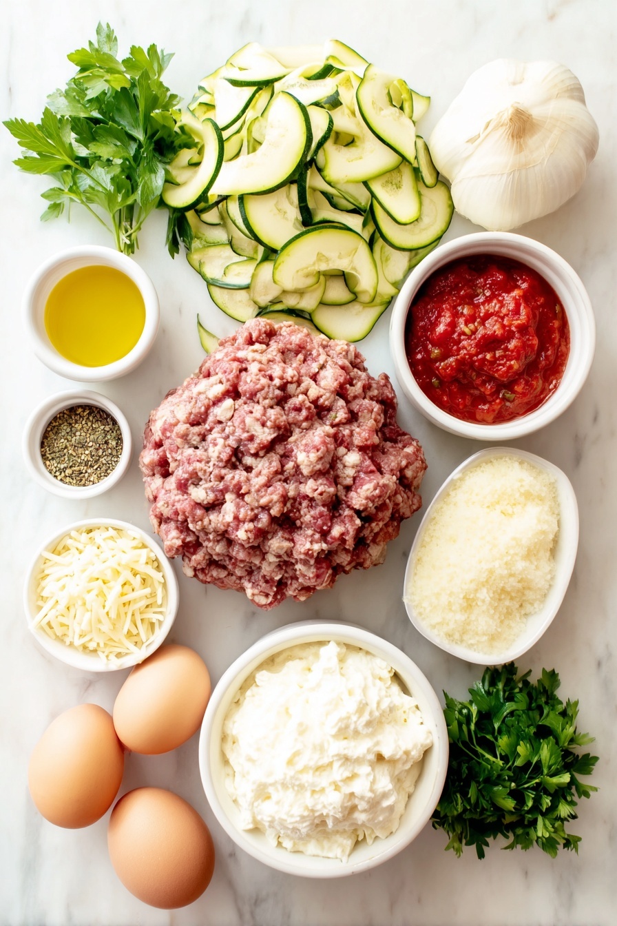 Flat lay of fresh zucchini sliced lengthwise into thin green ribbons, a small white bowl of golden olive oil, whole uncracked brown eggs, a mound of raw ground beef, a medium peeled onion chopped into small pieces, several peeled garlic cloves, a small white bowl filled with bright red crushed tomatoes, a small white bowl of smooth tomato sauce, a small white bowl of thick tomato paste, a small white bowl containing granulated sugar, dried basil and Italian seasoning arranged in small white bowls, a small white bowl with fennel seeds, a white ceramic bowl heaped with creamy ricotta cheese, a small white bowl of shredded Parmesan cheese, another simple white bowl holding shredded mozzarella cheese, and a small pile of fresh bright green parsley leaves, all placed on a clean white marble surface, soft natural light, photo taken with an iPhone, professional food photography style, fresh ingredients, white ceramic bowls, no bottles, no duplicates, no utensils, no packaging --ar 2:3 --v 7 --p m7354615311229779997 - Zucchini Lasagna, healthy zucchini lasagna, low-carb lasagna, homemade zucchini lasagna, gluten-free zucchini lasagna