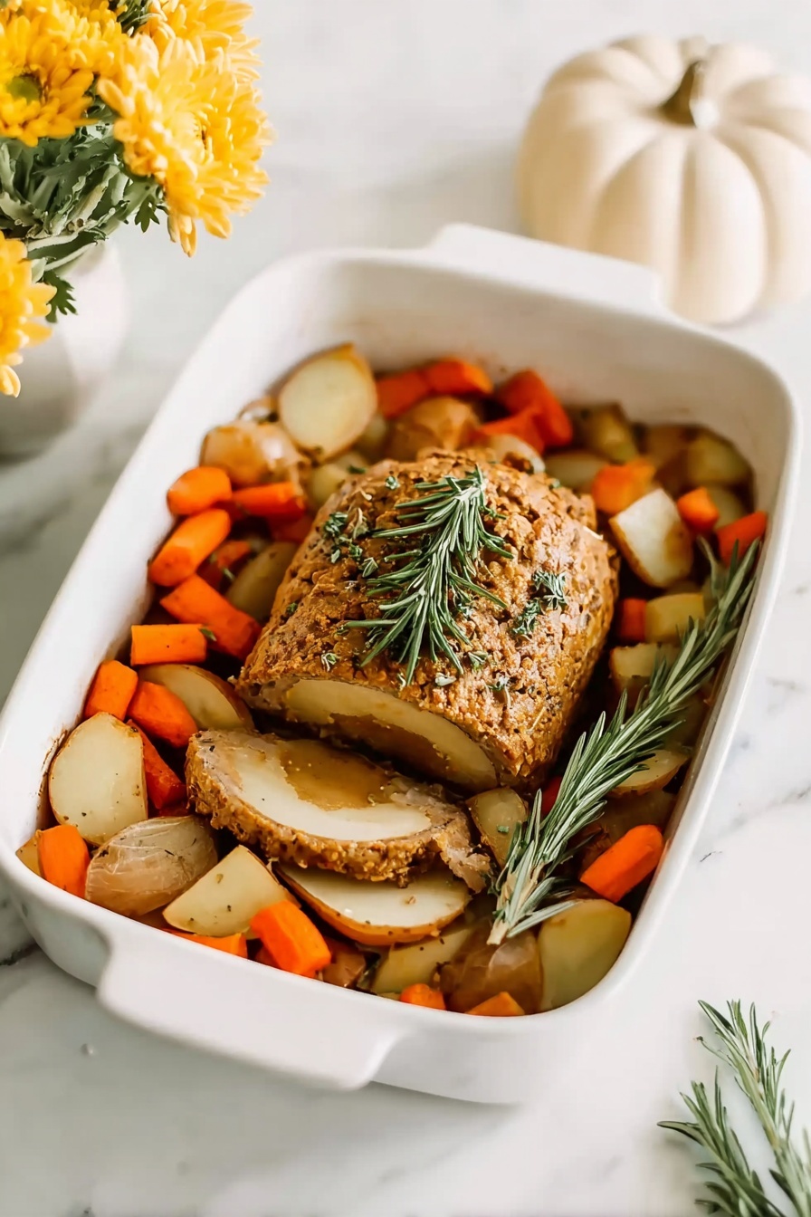 A white baking dish is filled with roasted vegetables, including chunky orange carrots, light golden potatoes, and caramelized onions, forming the base layer. On top sits a round, sliced loaf of golden brown meatloaf or plant-based roast with a slightly textured, herb-crusted exterior and a visible stuffing center. A fresh green rosemary sprig lays diagonally across the dish, adding a touch of color and texture contrast. The dish is set on a white marbled surface with a soft-focused white ceramic pumpkin-shaped lid in the background and some bright yellow flowers peeking at the top left corner. Photo taken with an iphone --ar 2:3 --v 7 - Vegan Tofurky Roast with Roasted Vegetables, plant-based roast, vegan holiday main dish, vegetarian roast recipe, vegan holiday centerpiece