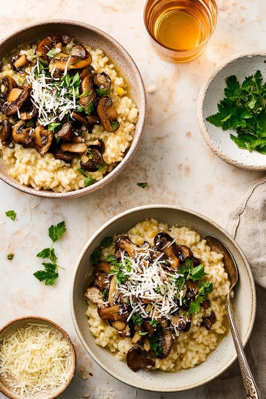 The image shows two bowls of creamy mushroom risotto placed on a white marbled surface. Each bowl has three layers: the bottom layer is soft and creamy risotto in a light golden color, the middle layer is a generous topping of different cooked mushrooms in brown and beige shades with a slightly glazed texture, and the top layer is a sprinkle of shredded white cheese with fresh green parsley leaves scattered on top. Near the bowls, extra parsley leaves and shredded cheese are scattered on the surface, with one bowl having a spoon resting inside. A glass of light amber liquid and a small white bowl with more shredded cheese and parsley are also visible in the scene. Photo taken with an iphone --ar 2:3 --v 7 - Creamy Mushroom Risotto, mushroom risotto recipe, easy mushroom risotto, homemade mushroom risotto, creamy risotto with mushrooms