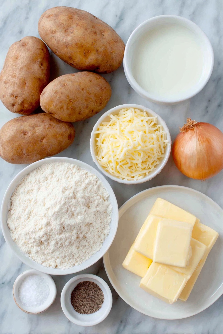 Flat lay of fresh russet potatoes whole and unpeeled, a small whole yellow onion, a few pats of natural unsalted butter on a white ceramic plate, a small white bowl of fine white flour, a small white bowl of milk, a small white bowl of shredded sharp cheddar cheese, a small white bowl of grated parmesan cheese, a small white bowl containing coarse salt, and a small white bowl with cracked black peppercorns placed on a clean white marble surface, soft natural light, photo taken with an iPhone, professional food photography style, fresh ingredients, white ceramic bowls, no bottles, no duplicates, no utensils, no packaging --ar 2:3 --v 7 --p m7354615311229779997 - Creamy Cheesy Scalloped Potatoes, scalloped potato casserole, cheesy potato side dish, comfort food recipes, easy scalloped potatoes
