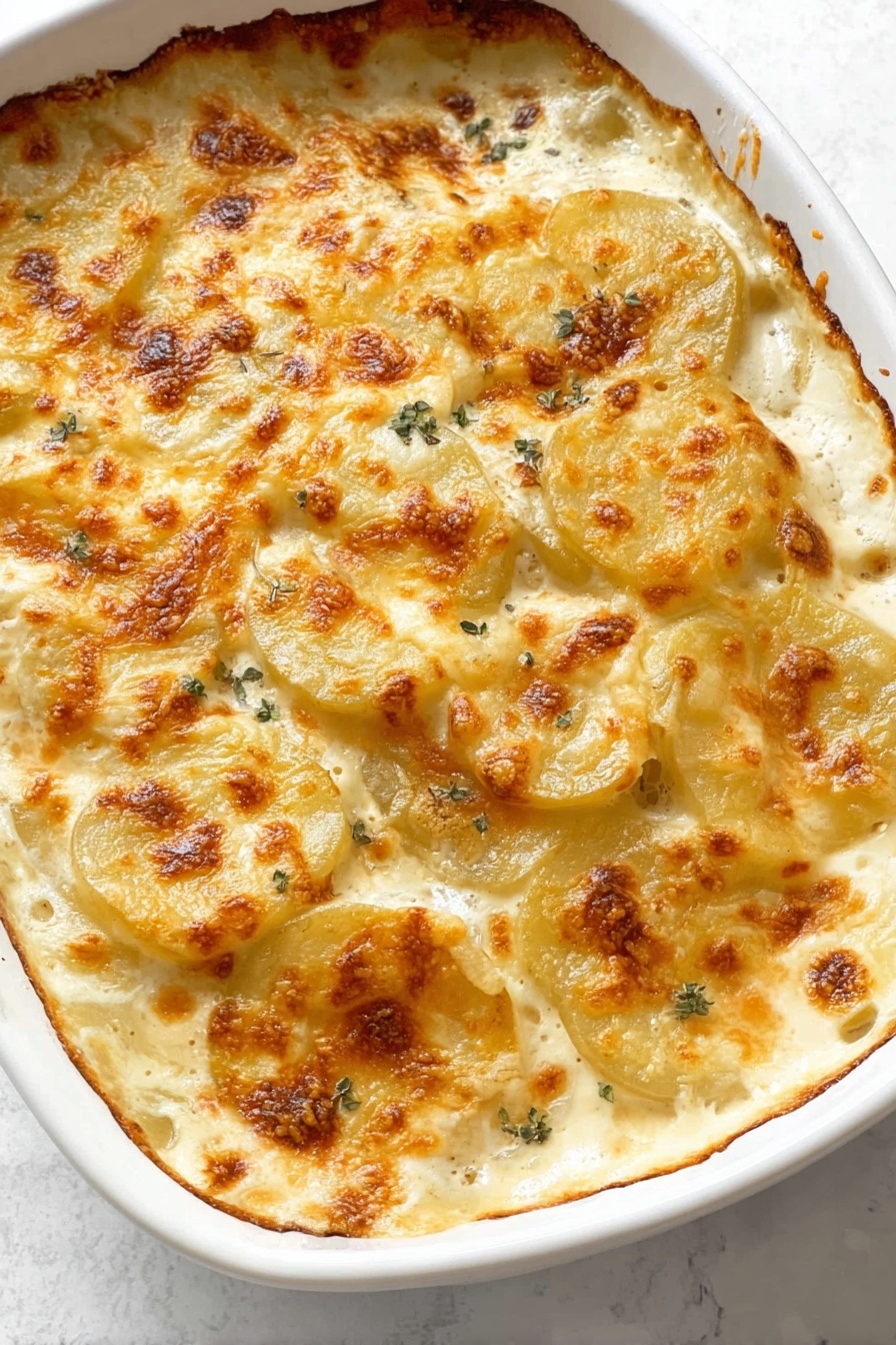 The dish shows a white baking dish filled with a layered potato casserole. The top layer is golden brown melted cheese with some browned spots, covering thin potato slices underneath that are off-white and smooth. The potatoes and cheese blend with a creamy sauce that bubbles up around edges and parts of the cheese. The surface beneath the baking dish is a white marbled texture. photo taken with an iphone --ar 2:3 --v 7 - Creamy Cheesy Scalloped Potatoes, scalloped potato casserole, cheesy potato side dish, comfort food recipes, easy scalloped potatoes