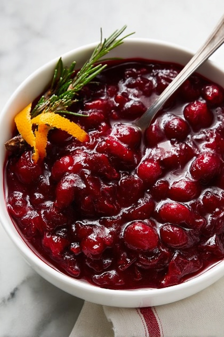 A white bowl filled with thick, glossy, dark red cranberry sauce with whole cranberries visible throughout. On the left side of the bowl, there is a small garnish with a fresh green rosemary sprig and an orange peel twist. A silver spoon rests inside the bowl, slightly digging into the sauce. The bowl is on a white marbled surface with a white cloth that has red stripes peeking in from the lower right corner. Photo taken with an iphone --ar 2:3 --v 7 - Easy Homemade Cranberry Sauce, homemade cranberry sauce, holiday cranberry sauce, quick cranberry sauce recipe, festive cranberry side dish