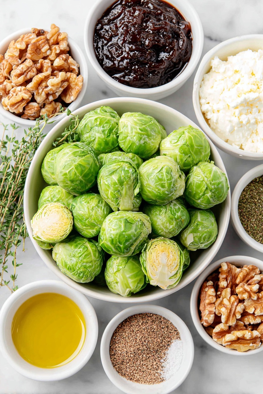 Flat lay of small to medium halved Brussels sprouts, toasted walnut halves, a small white bowl of extra-virgin olive oil, a small white bowl of pomegranate molasses, a small white bowl of labneh, a small white bowl of crumbled Shanklish cheese, fresh thyme sprigs with some chopped leaves visible, a small white bowl of za’atar spice, a small white bowl of Aleppo pepper, and a small white bowl of kosher salt, all arranged with perfect symmetry on a clean white marble surface, soft natural light, photo taken with an iPhone, professional food photography style, fresh ingredients, white ceramic bowls, no bottles, no duplicates, no utensils, no packaging --ar 2:3 --v 7 --p m7354615311229779997 - Roasted Brussels Sprouts with Walnuts and Pomegranate, Brussels Sprouts with Walnuts and Pomegranate, roasted Brussels sprouts side dish, healthy Brussels sprouts recipe, festive Brussels sprouts with pomegranate