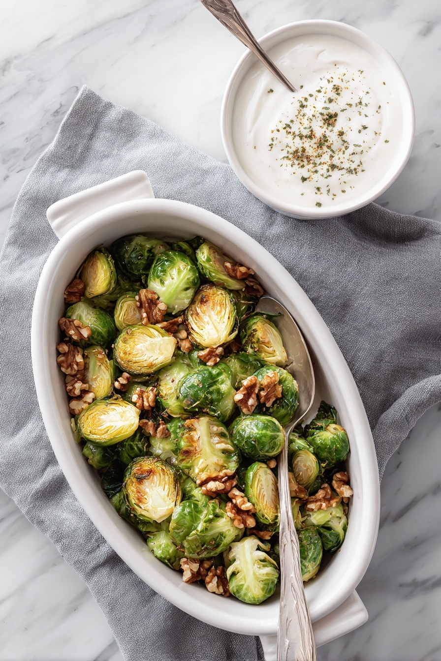 A white oval dish filled with two layers of roasted Brussels sprouts that are deep green with golden brown edges, topped with scattered light brown walnut halves. A silver spoon rests inside the dish, partially submerged in the vegetables. The dish sits on a gray cloth napkin with a white marbled background. To the right, there is a small white bowl filled with white creamy sauce topped with a sprinkling of brown herbs, with a white spoon inside. Photo taken with an iphone --ar 2:3 --v 7 - Roasted Brussels Sprouts with Walnuts and Pomegranate, Brussels Sprouts with Walnuts and Pomegranate, roasted Brussels sprouts side dish, healthy Brussels sprouts recipe, festive Brussels sprouts with pomegranate