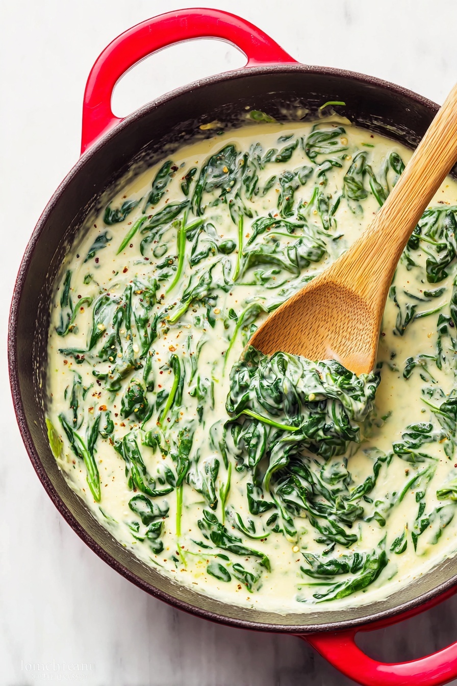A red pan filled with creamy spinach sauce shows large dark green spinach leaves mixed in smooth, light yellow cream sauce with small specks of herbs and spices. A wooden spoon with a light brown texture is resting inside the pan on the right side, partly covered in the sauce, lifting some spinach and cream. The scene is placed on a white marbled surface. photo taken with an iphone --ar 2:3 --v 7 - Creamed Spinach, Quick and Easy Creamed Spinach, Easy Creamed Spinach Side Dish, Creamed Spinach Recipe, Simple Creamed Spinach