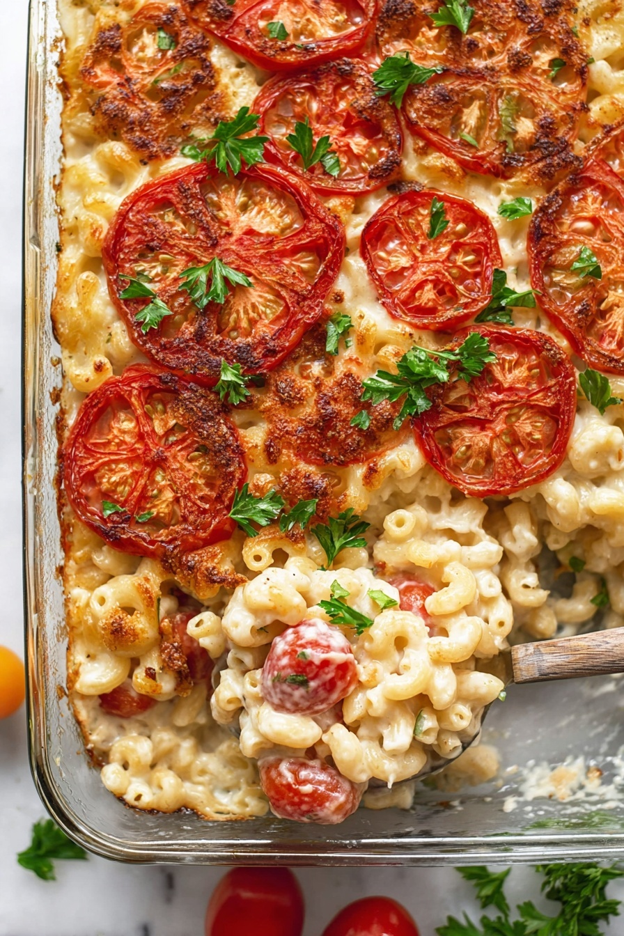 A glass baking dish filled with baked macaroni and cheese, showing small elbow pasta coated in creamy melted cheese as the base layer. On top, there are large, round slices of red tomatoes, some soft and slightly browned around the edges, creating a colorful layer of deep red and orange hues. Sprigs of fresh green parsley are scattered on the tomato slices as a garnish. A spoon is scooping out a portion from the dish, lifting some pasta mixed with tomato pieces, revealing the creamy texture beneath. The dish is set on a white marbled surface with some loose parsley and cherry tomatoes nearby. Photo taken with an iphone --ar 2:3 --v 7 - Baked Tomato Mac and Cheese, cheesy baked pasta with tomatoes, easy baked mac and cheese, tomato mac and cheese recipe, comfort food with tomatoes