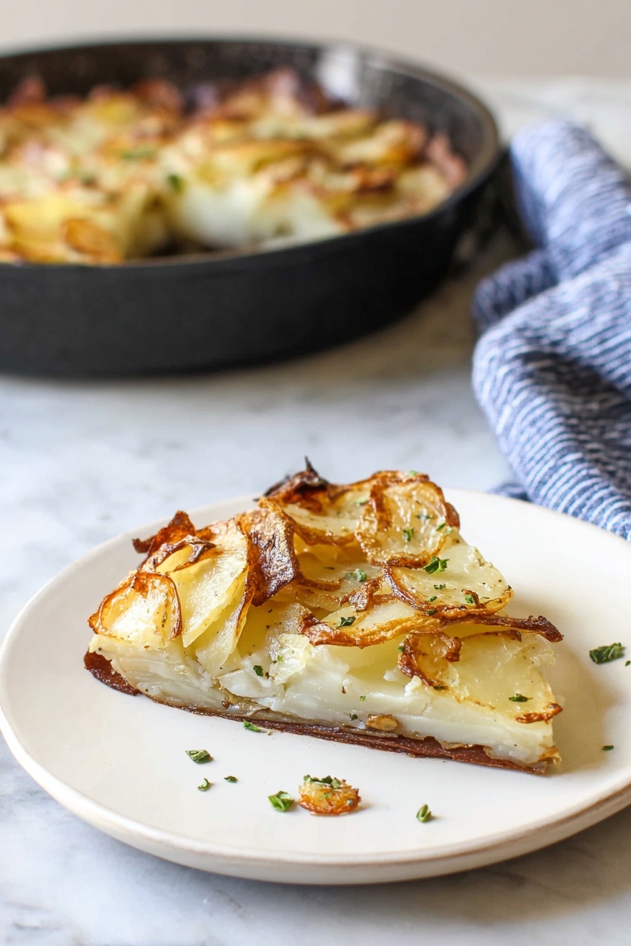 The image shows a slice of potato dish on a white plate, placed on a white marbled surface. The dish has three visible layers: a thin, crispy brown bottom crust; a middle layer of soft, white potatoes; and a top layer of slightly curled, golden-brown potato slices with some browned edges. Small green herb pieces are scattered on top and around the slice. In the background, there is a black cast-iron pan with the remaining potato dish visible, and a blue-striped cloth is draped on the right side. Photo taken with an iphone --ar 2:3 --v 7 - Garlic Herb Potato Galette, potato galette recipe, layered potato dish, savory potato bake, elegant side dish