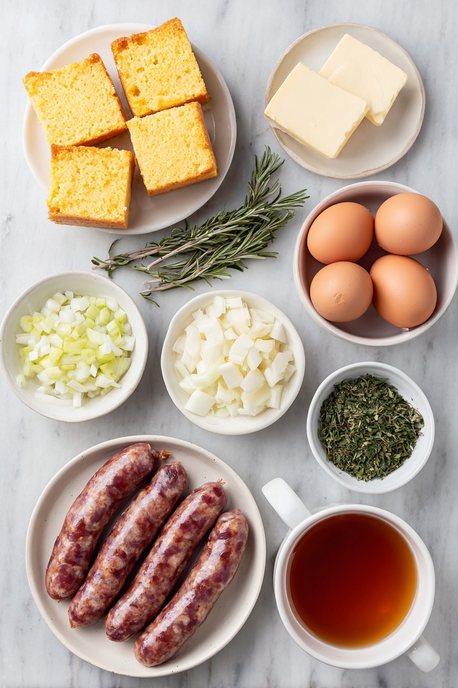 Flat lay of cubed day-old cornbread in a simple white ceramic bowl, cubed country white bread in a similar white bowl, fresh sweet Italian sausage links arranged raw and whole, a few small pats of unsalted butter stacked neatly on a white ceramic plate, diced celery in a small white bowl, diced yellow onion in another white bowl, fresh sage sprigs, fresh thyme sprigs, fresh rosemary sprigs, a small pile of chopped flat-leaf parsley, quartered peeled roasted chestnuts on a white plate, a small white bowl filled with amber apple cider, a small white bowl of low sodium chicken stock, two whole uncracked large brown eggs on a white ceramic dish, all ingredients arranged symmetrically and balanced, placed on a clean white marble surface, soft natural light, photo taken with an iPhone, professional food photography style, fresh ingredients, white ceramic bowls, no bottles, no duplicates, no utensils, no packaging --ar 2:3 --v 7 --p m7354615311229779997 - Sausage and Chestnut Holiday Stuffing, holiday stuffing recipe, savory stuffing with sausage and chestnuts, festive stuffing ideas, easy Thanksgiving stuffing