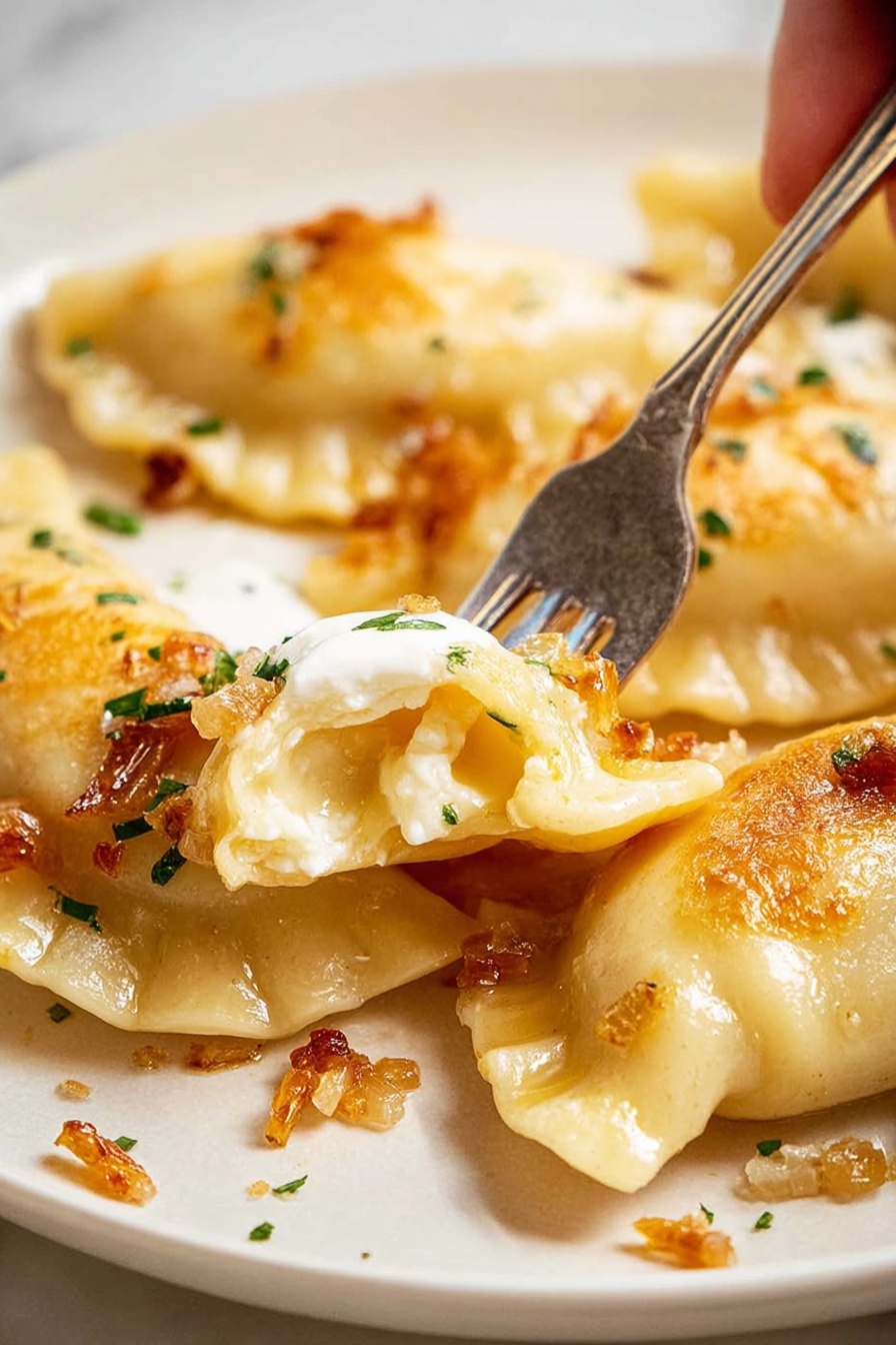 A close-up shot shows several golden brown pierogi with a soft, slightly crispy dough texture on a white plate. One pierogi is being pierced by a metal fork held by a woman's hand, revealing a creamy, pale yellow potato filling inside. The pierogi are lightly topped with small bits of golden fried onions and sprinkled with green herbs. There is a bit of white sour cream on top of the pierced pierogi, adding a creamy contrast. The white plate sits on a white marbled surface with small droplets and bits of fried onions around. photo taken with an iphone --ar 2:3 --v 7 - Cheesy Polish Pierogi Ruskie, Polish Pierogi Ruskie, Pierogi Ruskie with Cheese, Homemade Polish Pierogi, Traditional Pierogi Ruskie