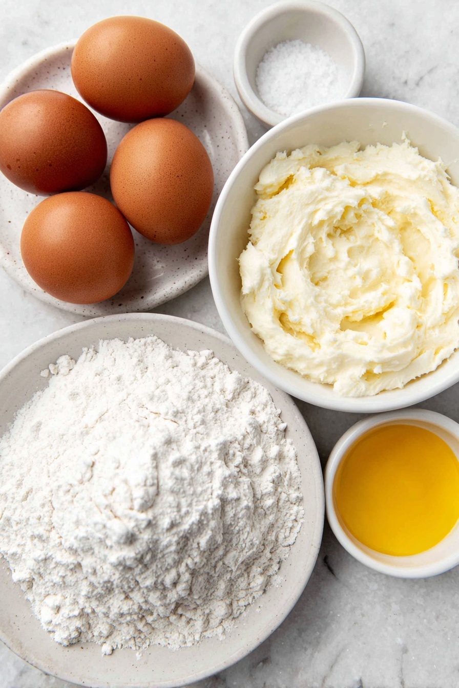 Flat lay of three whole uncracked brown eggs, a small mound of fine white bread flour on a simple white ceramic plate, a small white bowl filled with creamy room-temperature milk, a small white bowl with melted golden butter, and a small white bowl containing coarse kosher salt crystals, all arranged symmetrically and balanced on a clean white marble surface, soft natural light, photo taken with an iPhone, professional food photography style, fresh ingredients, white ceramic bowls, no bottles, no duplicates, no utensils, no packaging --ar 2:3 --v 7 --p m7354615311229779997 - Fluffy Popovers with Lofty Rise, airy popovers, homemade popovers, easy popover recipe, breakfast puff bread