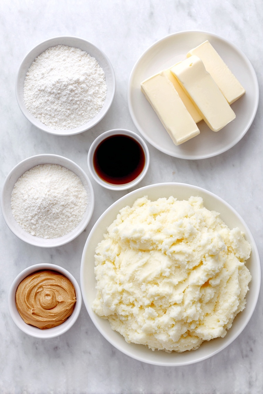 Flat lay of a small mound of plain mashed potatoes on a simple white ceramic plate, a few slices of salted butter stacked neatly on a white ceramic dish, a small white bowl filled with fine powdered sugar, another small white bowl containing creamy peanut butter, and a small white bowl with golden vanilla extract liquid, all arranged symmetrically and proportionally, placed on a clean white marble surface, soft natural light, photo taken with an iPhone, professional food photography style, fresh ingredients, white ceramic bowls, no bottles, no duplicates, no utensils, no packaging --ar 2:3 --v 7 --p m7354615311229779997 - Potato Candy Pinwheels with Peanut Butter, nostalgic candy recipes, easy potato candy, homemade peanut butter pinwheels, vintage dessert ideas