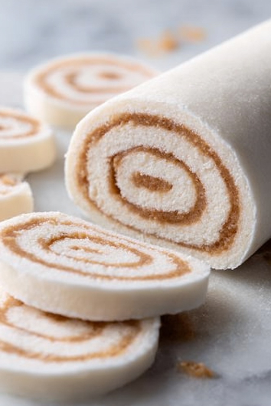 The image shows a close-up view of a rolled white dessert or snack with a smooth, slightly shiny surface. It has several visible layers: the outer layer is a soft white dough or cream, and inside there is a light brown filling that is spread evenly in a spiral pattern from the center to the outside. The roll is resting on a white marbled surface, and there are slices of the roll surrounding the main piece, showing the same swirl layers clearly. The texture looks soft and smooth, with some small crumbs around the roll. The photo taken with an iphone --ar 2:3 --v 7 - Potato Candy Pinwheels with Peanut Butter, nostalgic candy recipes, easy potato candy, homemade peanut butter pinwheels, vintage dessert ideas