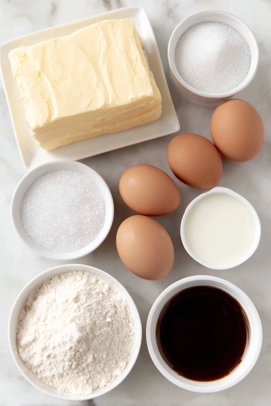 Flat lay of a soft, square block of salted butter, a small white bowl filled with granulated sugar, two whole brown eggs with clean shells, a small white bowl holding vanilla extract, a neat pile of all-purpose flour, a small white bowl of baking powder, a small white bowl of salt, a small white bowl heaped with sifted powdered sugar, a small white bowl containing milk, a small white bowl with light corn syrup, and a small white bowl of pure vanilla extract, all arranged symmetrically on a clean white marble surface, soft natural light, photo taken with an iPhone, professional food photography style, fresh ingredients, white ceramic bowls, no bottles, no duplicates, no utensils, no packaging --ar 2:3 --v 7 --p m7354615311229779997 - Perfect Sugar Cookie, sugar cookie recipe, best sugar cookies, easy sugar cookie instructions, holiday sugar cookies