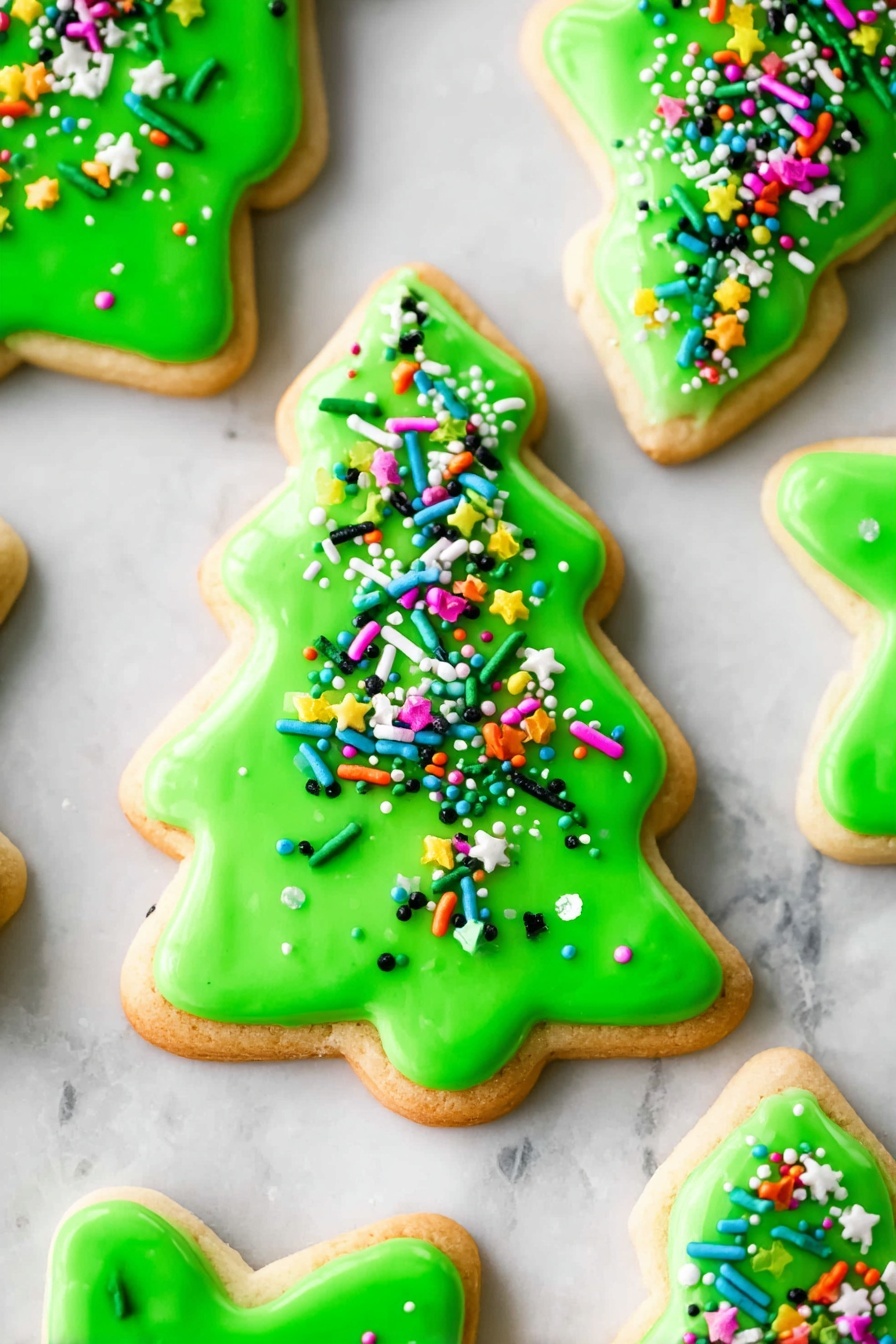 The image shows several Christmas tree-shaped sugar cookies placed on a white marbled surface. Each cookie has one layer of bright green smooth icing covering the entire tree shape, with the natural light brown cookie visible around the edges. On top of the green icing, there is a colorful mix of sprinkles including small green star shapes, thin green rods, and round sprinkles in blue, pink, yellow, red, white, orange, and black, scattered evenly. The sprinkles add texture and decorative detail to the shiny icing surface. photo taken with an iphone --ar 2:3 --v 7 - Perfect Sugar Cookie, sugar cookie recipe, best sugar cookies, easy sugar cookie instructions, holiday sugar cookies