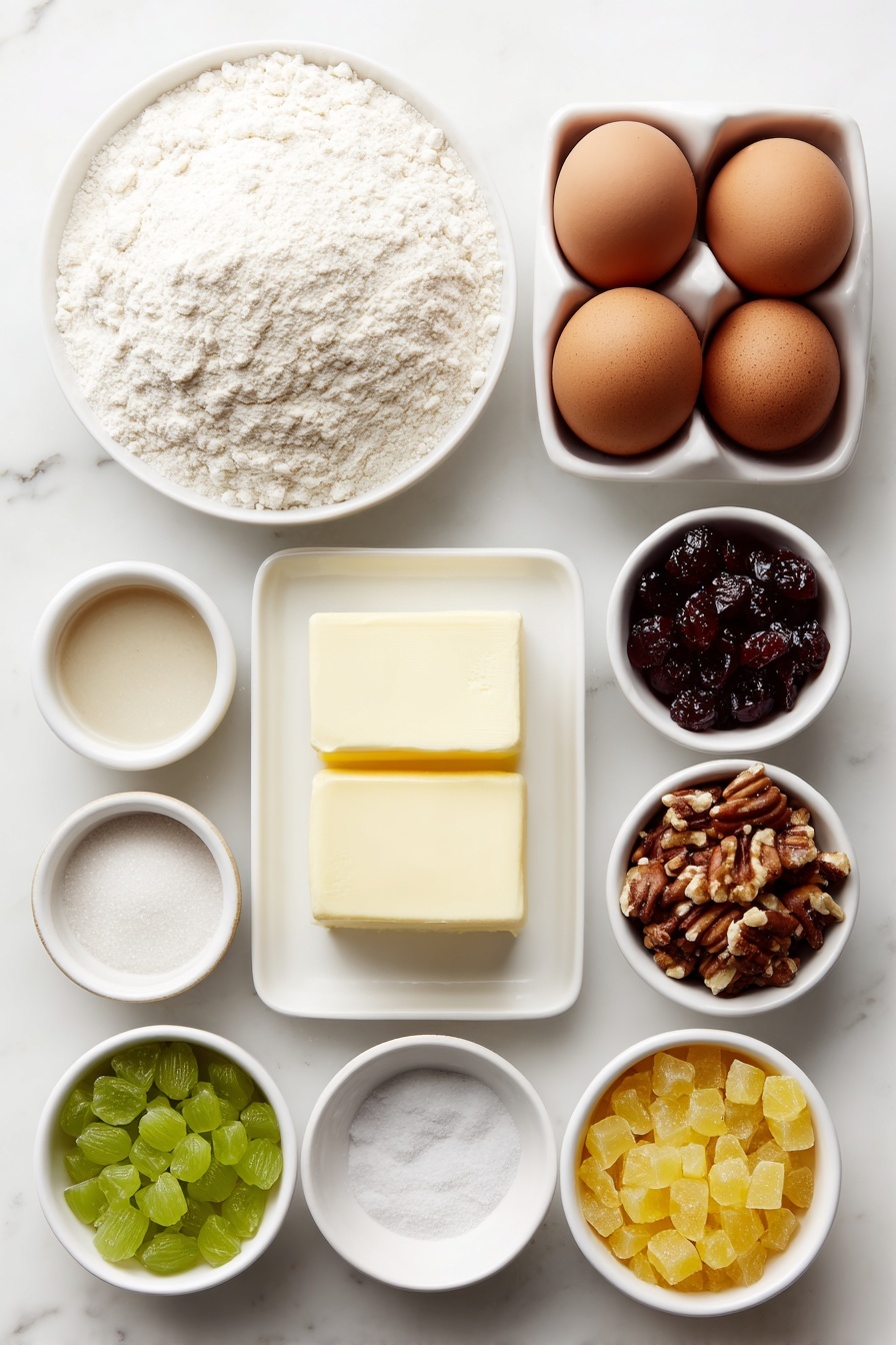Flat lay of a small mound of all-purpose flour on a simple white ceramic plate, a teaspoon of baking soda and a small heap of salt each in their own small white ceramic bowls, a square of unsalted butter softened and cut into chunks on a white ceramic dish, two large whole uncracked brown eggs, a small white bowl filled with granulated sugar, another small white bowl holding packed light brown sugar, a small white bowl with clear vanilla extract, a small white bowl with chopped pitted dates, a small white bowl with bright red chopped candied cherries, another small white bowl with vibrant green chopped candied cherries, a small white bowl with golden chopped candied pineapple, a small white bowl with chopped pecans, and a small white bowl with chopped walnuts, all arranged symmetrically and balanced with realistic proportions, placed on a clean white marble surface, soft natural light, photo taken with an iPhone, professional food photography style, fresh ingredients, white ceramic bowls, no bottles, no duplicates, no utensils, no packaging --ar 2:3 --v 7 --p m7354615311229779997 - Fruitcake Cookies with Dried Fruit and Nuts, festive fruitcake cookies, easy fruitcake cookies, chewy fruitcake cookies, holiday cookie recipes
