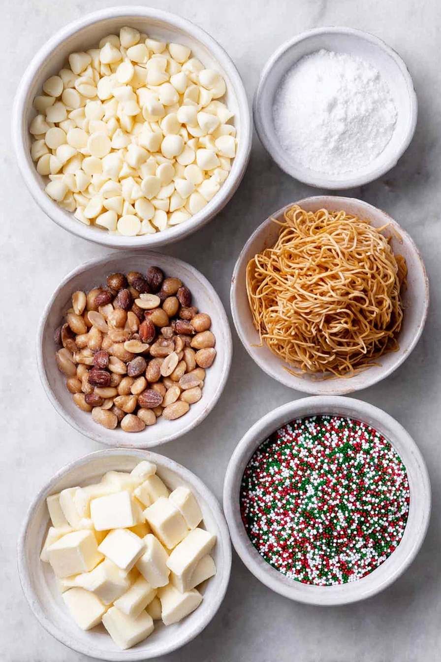 Flat lay of a small pile of smooth, creamy white chocolate chips, a handful of shiny salted peanuts with golden brown skins, a neatly arranged nest of crispy, thin chow mein noodles, and a small white ceramic bowl filled with colorful Christmas sprinkles in red, green, white, and gold, all spaced evenly on a simple white ceramic plate and bowls, placed on a clean white marble surface, soft natural light, photo taken with an iPhone, professional food photography style, fresh ingredients, white ceramic bowls, no bottles, no duplicates, no utensils, no packaging --ar 2:3 --v 7 --p m7354615311229779997 - Holiday White Chocolate Nut Cookies, festive holiday cookies, no-bake white chocolate cookies, crunchy nut cookies, easy holiday treats