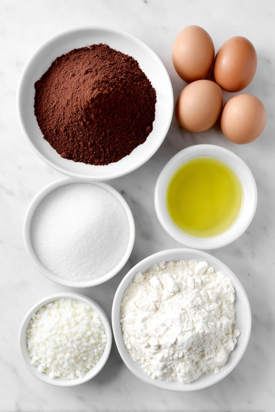 Flat lay of a small mound of rich unsweetened cocoa powder, a neatly heaped pile of granulated sugar, a small white ceramic bowl filled with clear golden vegetable oil, four large uncracked brown eggs arranged in a line, a small white ceramic bowl holding clear vanilla extract, a modest heap of all-purpose flour, a small pile of fine baking powder, a small pile of fine salt crystals, and a small white ceramic bowl filled with fluffy powdered sugar, all placed on a clean white marble surface, soft natural light, photo taken with an iPhone, professional food photography style, fresh ingredients, white ceramic bowls, no bottles, no duplicates, no utensils, no packaging --ar 2:3 --v 7 --p m7354615311229779997 - Fudgy Chocolate Crackle Cookies, chocolate crackle cookies, fudgy chocolate cookies, chewy chocolate cookies, chocolate cookie recipes