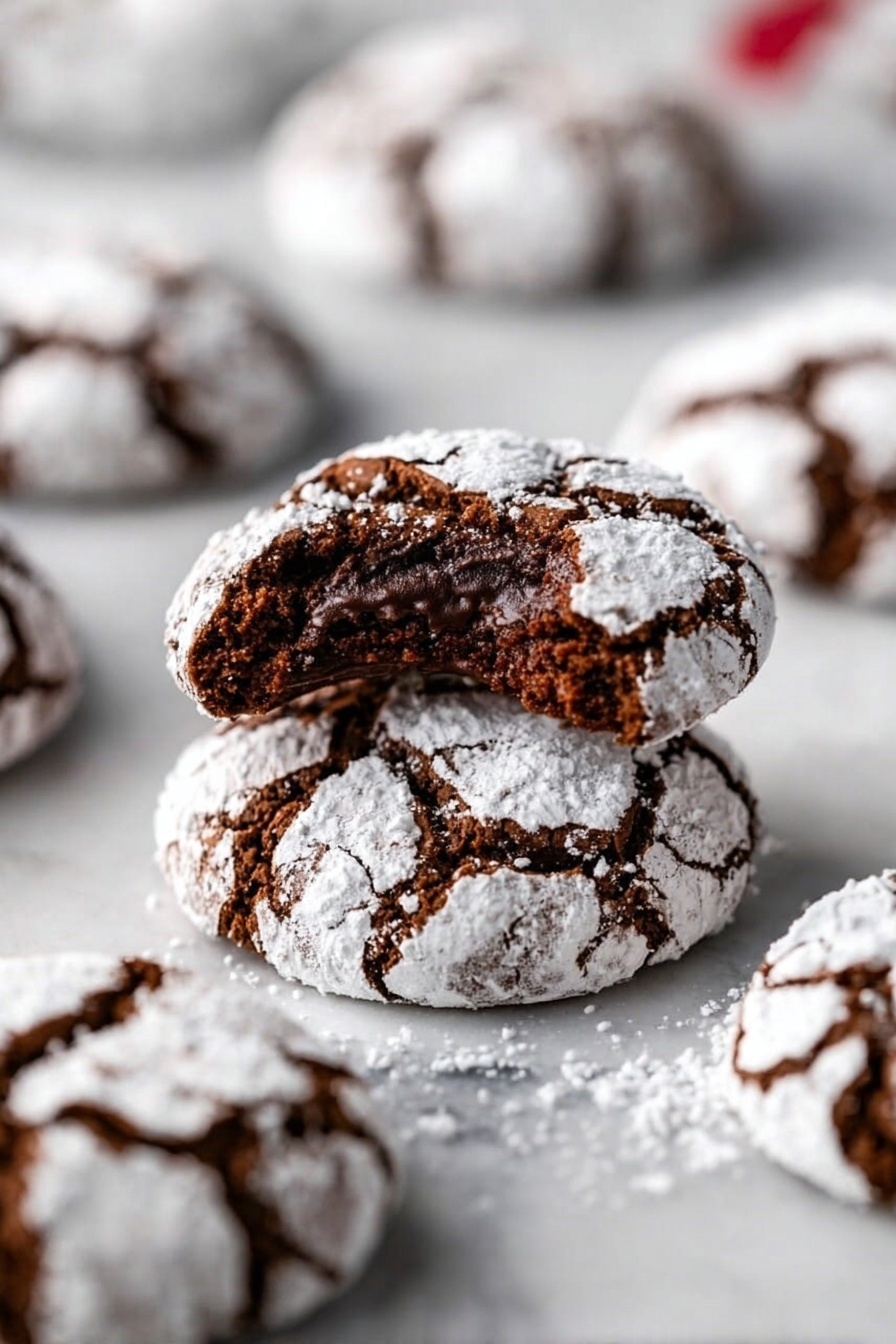 The image shows several round chocolate cookies covered in white powdered sugar cracks, placed on a white marbled surface. One cookie is stacked over another and has a bite taken out of it, revealing a soft, dark brown chocolate inside with a moist texture. The cookies around it are whole, with the powdered sugar forming irregular cracked patterns that contrast with the rich dark color of the chocolate dough. The background is blurred, focusing on the bitten cookie in the middle. Photo taken with an iphone --ar 2:3 --v 7 - Fudgy Chocolate Crackle Cookies, chocolate crackle cookies, fudgy chocolate cookies, chewy chocolate cookies, chocolate cookie recipes
