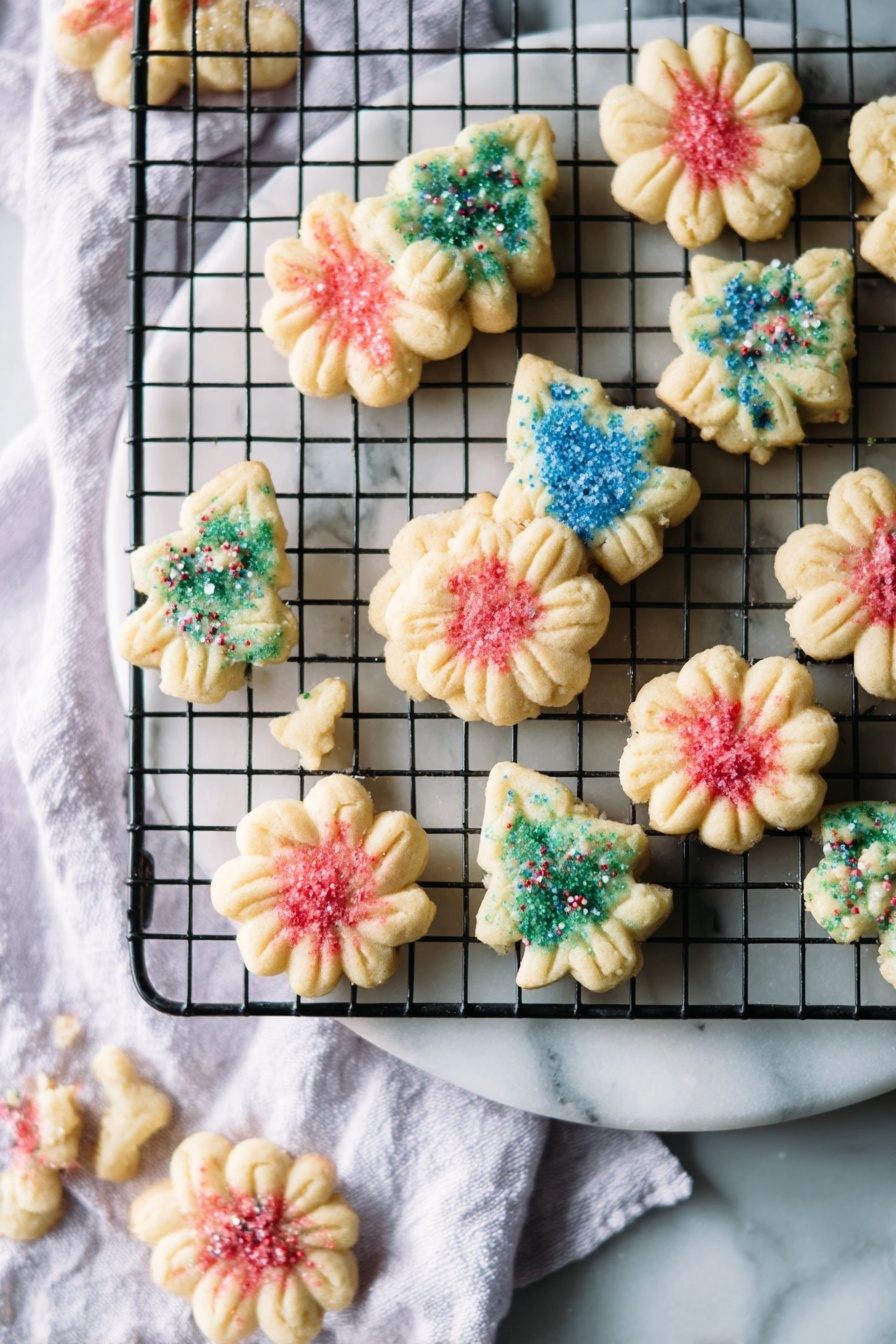 The image shows small, shortbread cookies in two shapes: flower-like rounds and Christmas trees, arranged on a round white marble board and a black wire cooling rack placed on a white marbled surface with a white cloth underneath. The cookies have a light beige color and are decorated with colored sugar sprinkles—red on the round flower-shaped cookies and blue or green on the Christmas tree-shaped cookies. The cookies appear slightly textured with small ridges from the mold, and they are scattered loosely on both the marble board and the wire rack, creating a casual but festive look. Photo taken with an iphone --ar 2:3 --v 7 - Buttery Spritz Cookies, classic spritz cookies recipe, easy butter cookies, holiday cookie recipes, melt-in-your-mouth cookies