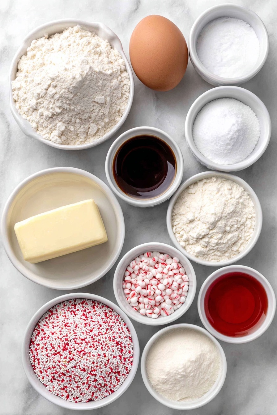 Flat lay of a small mound of all-purpose flour, a small mound of cornstarch, a small heap of baking soda powder, a small pile of baking powder, a small pinch of salt crystals, a smooth stick of unsalted butter, a small pile of granulated sugar, one whole brown egg with a clean shell, a small white bowl of vanilla extract, a small white bowl of peppermint extract, a small white bowl with vibrant red gel icing color, a small white bowl of assorted colorful sprinkles and crushed peppermint candy, all arranged symmetrically in simple white ceramic bowls and dishes, placed on a clean white marble surface, soft natural light, photo taken with an iPhone, professional food photography style, fresh ingredients, white ceramic bowls, no bottles, no duplicates, no utensils, no packaging --ar 2:3 --v 7 --p m7354615311229779997 - Candy Cane Cookies, holiday peppermint cookies, festive peppermint cookies, Christmas cookies, easy holiday baking
