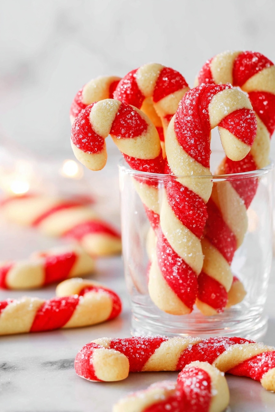 The image shows several candy cane shaped cookies made from two twisted colors, bright red and pale cream, creating bold stripes all along each cookie. Some of the cookies are placed standing up inside a clear glass, while others lay scattered on a white marbled surface around the glass. Each cookie is sprinkled lightly with coarse white sugar crystals that add a bit of sparkle, and the smooth texture of the dough contrasts with the rough sugar on top. The background is softly blurred but mostly white, accentuating the vivid red and cream colors of the cookies. The photo taken with an iphone --ar 2:3 --v 7 - Candy Cane Cookies, holiday peppermint cookies, festive peppermint cookies, Christmas cookies, easy holiday baking