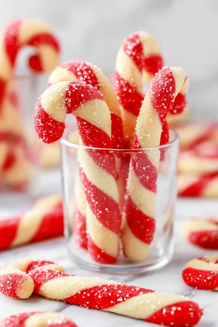 The image shows several candy cane-shaped cookies in a clear glass on a white marbled surface. Each candy cane has two twisted layers, one red and one cream-colored, with some cookies sprinkled with small sugar crystals on the red sections. Additional candy cane cookies are lying on the surface around the glass, with the same twisted two-layer pattern of red and cream colors. The photo is bright and clear with a soft background showing more candy cane cookies slightly out of focus. Photo taken with an iphone --ar 2:3 --v 7 - Candy Cane Cookies, holiday peppermint cookies, festive peppermint cookies, Christmas cookies, easy holiday baking