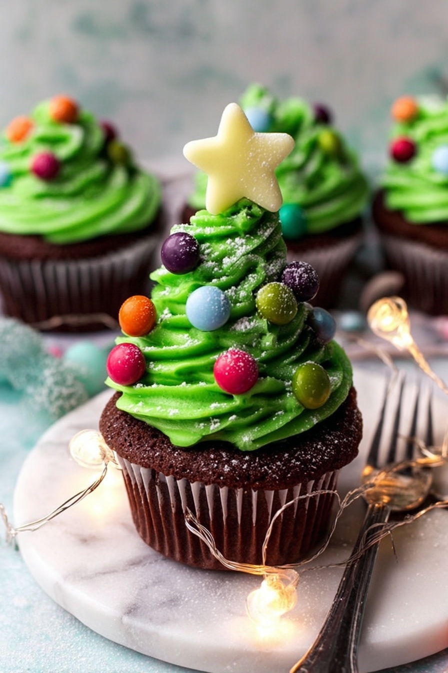 A white cupcake liner holds a dark brown cupcake topped with a swirl of bright green frosting shaped like a Christmas tree. The green frosting is decorated with colorful round candy pieces in red, purple, orange, blue, and white, resembling ornaments. A pale yellow star-shaped candy sits on the top of the frosting tree. Some white powder dusts the frosting and cupcake surface lightly. The cupcake is placed on a white marbled round plate, with a silver fork resting near the cupcake liner's edge. Small colorful candy balls and small string lights add festive colors around the plate. photo taken with an iphone --ar 2:3 --v 7 - Christmas Tree Cupcakes with Chocolate and Vanilla Frosting, festive holiday cupcakes, Christmas cupcake ideas, cute holiday treats, chocolate and vanilla cupcakes