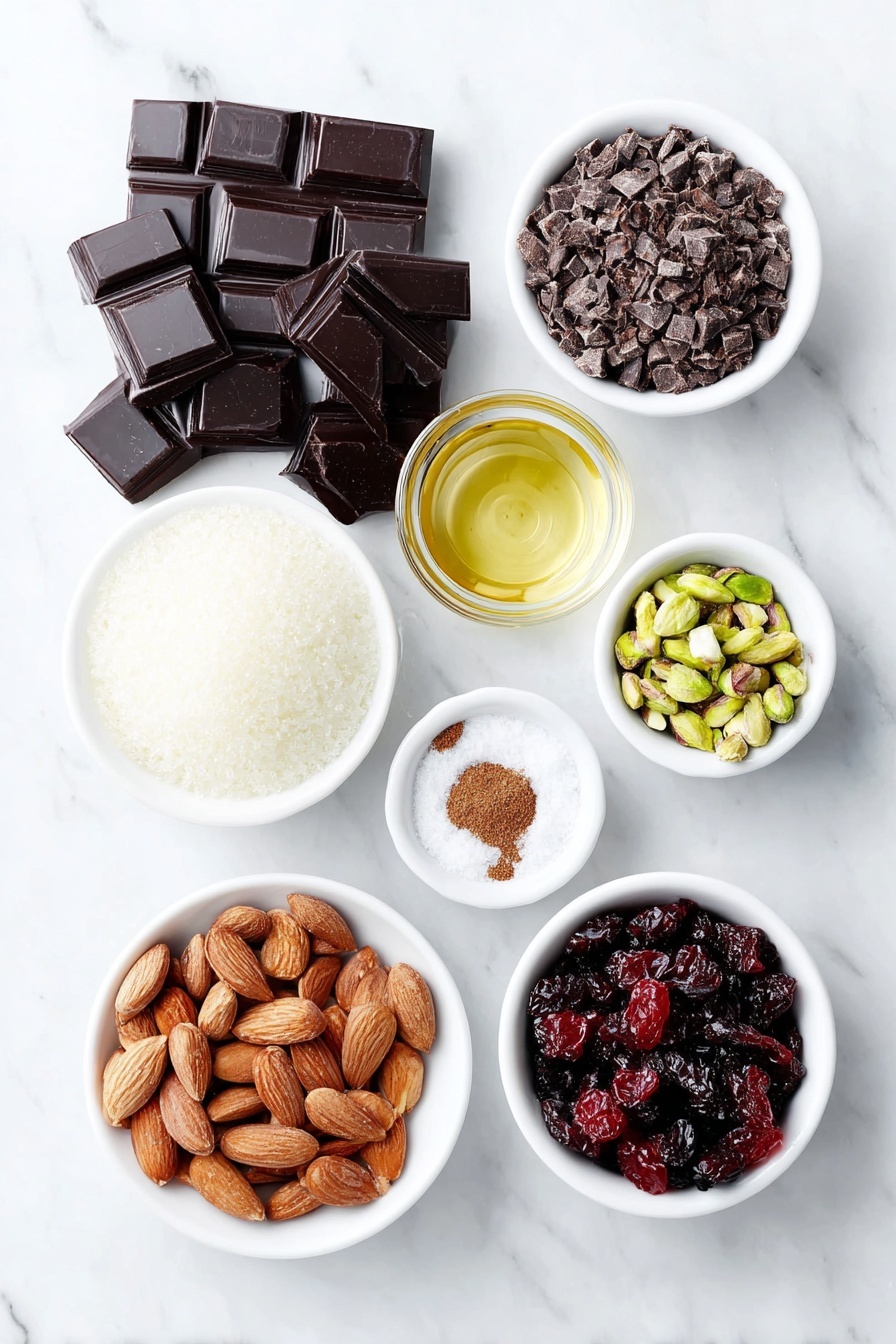 Flat lay of finely chopped dark chocolate pieces, finely chopped semi-sweet chocolate chunks, small white ceramic bowls with ground cinnamon, peppermint extract, and crushed candy canes, a handful of roasted almonds, shelled unsalted pistachios, dried cherries, dried cranberries, and toffee bits, all arranged symmetrically and naturally on a clean white marble surface, soft natural light, photo taken with an iPhone, professional food photography style, fresh ingredients, white ceramic bowls, no bottles, no duplicates, no utensils, no packaging --ar 2:3 --v 7 --p m7354615311229779997 - Easy Chocolate Bark with Nuts and Dried Fruit, chocolate bark with nuts and dried fruit, homemade chocolate bark, quick chocolate snack, holiday chocolate bark