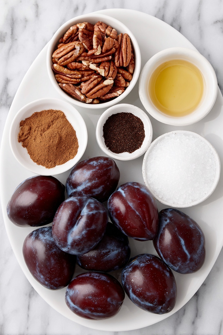 Flat lay of fresh whole French plums with deep reddish-purple skin, a small pile of toasted pecan halves, a small white bowl of warm brown ground cinnamon powder, a small white bowl of finely cut dried orange peel pieces, a small white bowl of dark brown ground clove powder, a small white bowl with a splash of pure vanilla extract, a small white bowl of fine white table salt, a small white bowl filled with coarse raw sugar crystals all arranged symmetrically on a simple white ceramic plate and dishes placed on a clean white marble surface, soft natural light, photo taken with an iPhone, professional food photography style, fresh ingredients, white ceramic bowls, no bottles, no duplicates, no utensils, no packaging --ar 2:3 --v 7 --p m7354615311229779997 - Homemade Sugar Plums with Spices, memorable holiday treats, easy holiday candy, festive dried fruit snacks, no-bake holiday desserts