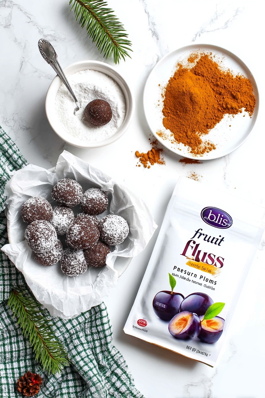 A collection of small, round dark brown balls covered with white powder arranged in a white parchment paper at the bottom left corner, next to them a small white bowl filled with white powder with a single dark ball on top and a silver spoon resting inside it, above and to the right is a small white plate with a pile of orange-brown powder and some powder spilled over the edge, a silver spoon lies next to this plate. On the bottom right is a packet labeled