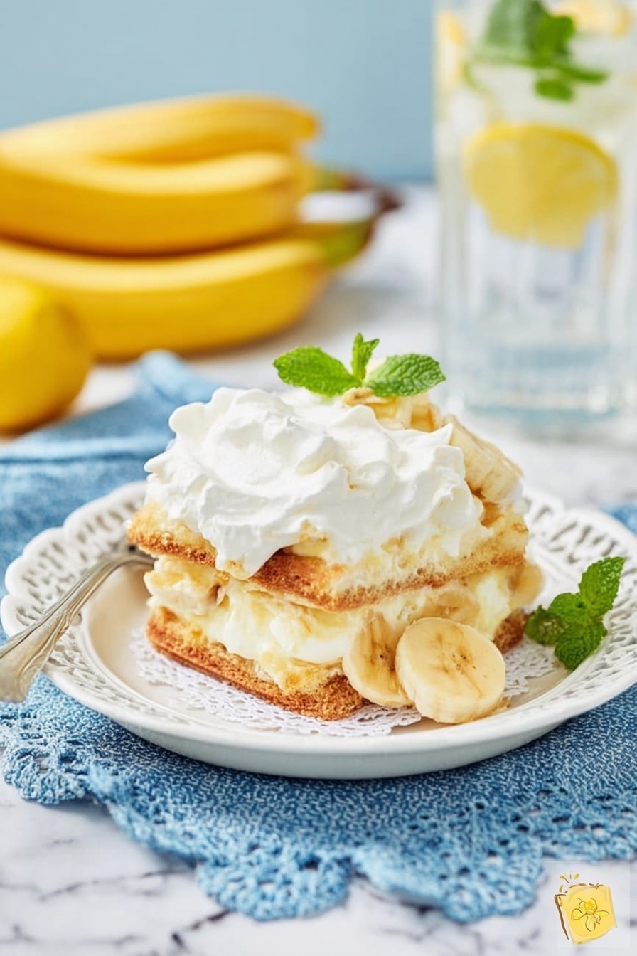 The dish shows a layered dessert on a white plate with a delicate lace edge, set on a blue and white cloth over a white marbled surface. The dessert has three visible layers: the base layer is made of light brown, soft cookies or biscuits; the middle layer consists of creamy, pale yellow custard mixed with banana slices; the top layer is a thick, white whipped cream with a smooth texture, slightly unevenly spread. A small green mint leaf and a piece of banana sit on the side as decoration. In the background, there are whole bright yellow bananas and a glass of water with lemon slices and green herbs. photo taken with an iphone --ar 2:3 --v 7 - Easy No-Bake Banana Pudding, no-bake banana pudding recipe, quick banana pudding dessert, creamy banana pudding, simple fruit dessert