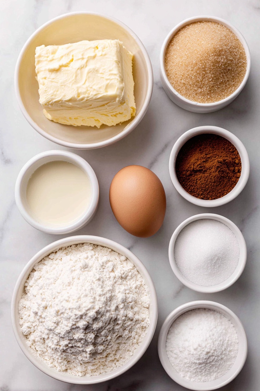 Flat lay of a small white ceramic bowl of soft unsalted butter, a small white ceramic bowl filled with granulated sugar, a small white ceramic bowl containing light brown sugar, one large whole egg with a clean shell, a small white ceramic bowl of pale creamy eggnog, a small white ceramic bowl of cake flour, a small white ceramic bowl of powdered sugar, a small white ceramic bowl holding ground cinnamon, a small white ceramic bowl with ground nutmeg, a small white ceramic bowl of baking powder, a small white ceramic bowl of baking soda, a small white ceramic bowl of table salt, and a small white ceramic bowl of clear vanilla extract placed with perfect symmetry on a clean white marble surface, soft natural light, photo taken with an iPhone, professional food photography style, fresh ingredients, white ceramic bowls, no bottles, no duplicates, no utensils, no packaging --ar 2:3 --v 7 --p m7354615311229779997 - Eggnog Cookies with Creamy Glaze, holiday eggnog cookies, festive eggnog cookie recipe, easy eggnog cookies, Christmas cookie recipes