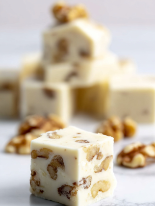 The image shows several small, square pieces of white fudge with visible brown walnut pieces inside. The fudge has a smooth, creamy texture with the walnuts unevenly spread throughout each piece. One piece of fudge is in focus in the foreground, sitting on a white marbled surface, while more fudge squares are stacked and scattered softly in the blurred background. The overall look is clean and simple, highlighting the contrast between the creamy white fudge and the textured walnuts. photo taken with an iphone --ar 2:3 --v 7 - Maple Walnut Fudge, Maple Walnut Fudge recipe, easy maple walnut fudge, creamy maple fudge, no-bake walnut fudge
