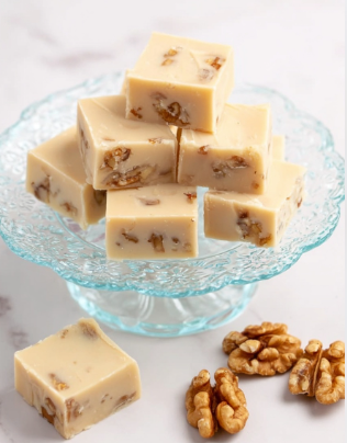 Several square pieces of light beige fudge with small brown nut bits inside are stacked neatly on a white scalloped glass plate with floral patterns. The fudge squares have a smooth and creamy texture, with some pieces resting flat and others leaned against each other. To the right of the plate, a few whole walnut halves are scattered on a white marbled surface. The scene is simple and bright with soft lighting. photo taken with an iphone --ar 2:3 --v 7 - Maple Walnut Fudge, Maple Walnut Fudge recipe, easy maple walnut fudge, creamy maple fudge, no-bake walnut fudge