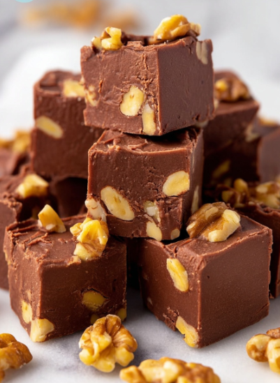 A pile of rich brown fudge squares with chunks of light brown walnuts mixed inside each piece, showing a smooth and slightly cracked texture on the surface. Some walnut pieces are also scattered on and around the fudge, giving a nutty and crunchy look. The fudge pieces are stacked and arranged closely on a white marbled surface. Photo taken with an iphone --ar 2:3 --v 7 - Chocolate Walnut Fudge, easy fudge recipes, quick chocolate treats, homemade fudge with walnuts, rich chocolate dessert